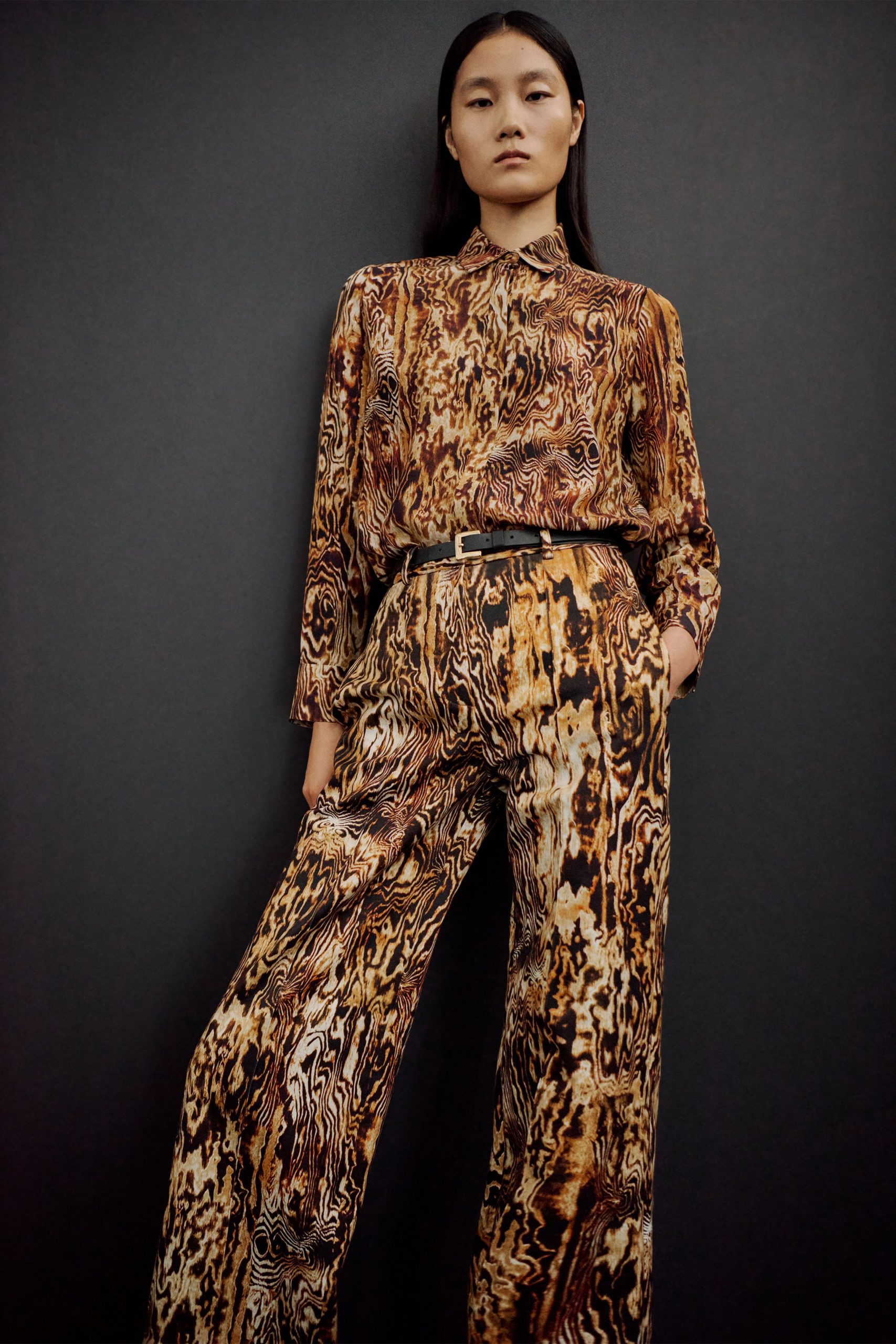 brown silk long-sleeve collared relaxed printed shirt