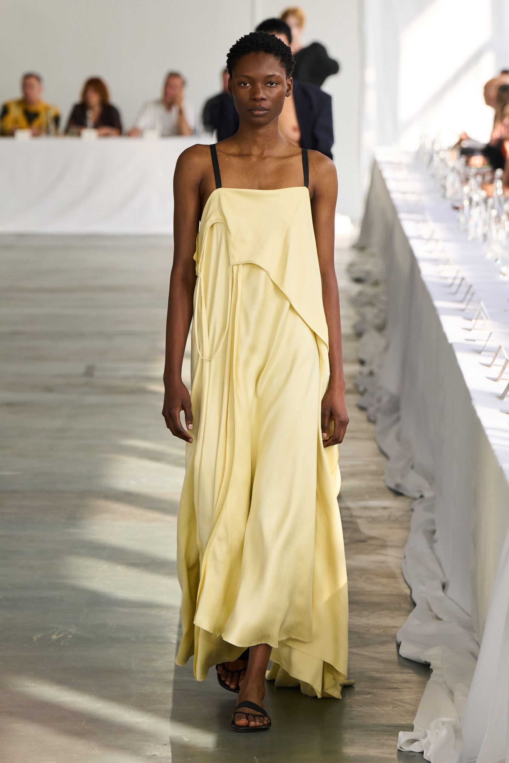 yellow silk sleeveless v-neck relaxed draped flowing dress