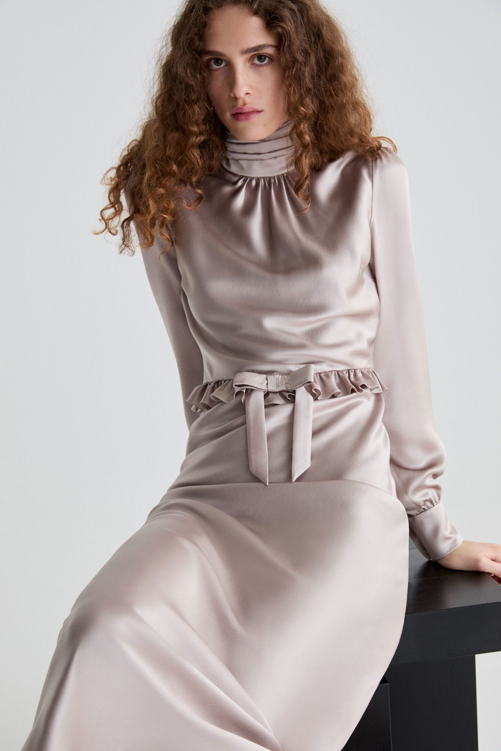 beige silk long-sleeve dress