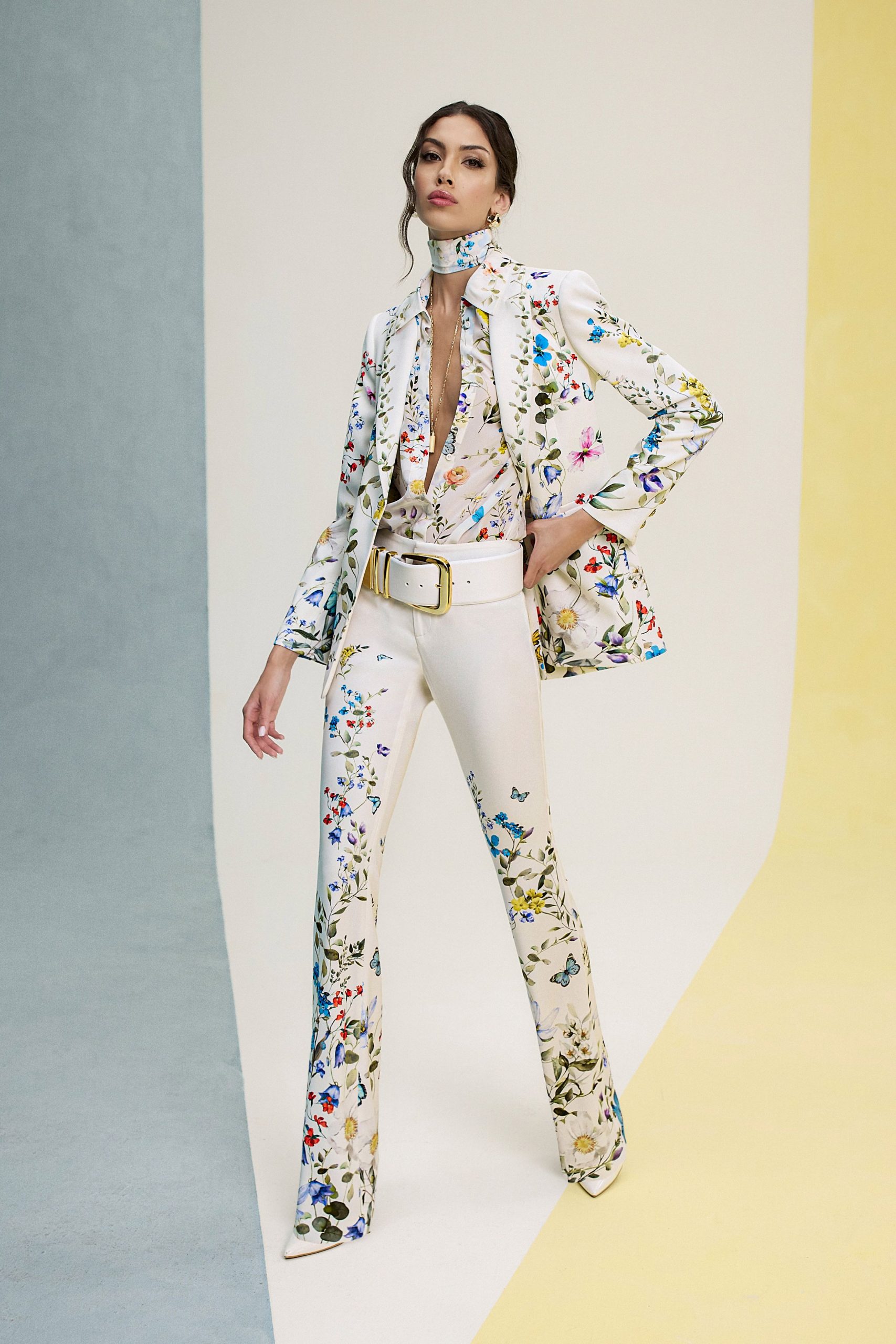 white silk fitted high-waisted floral flared pants