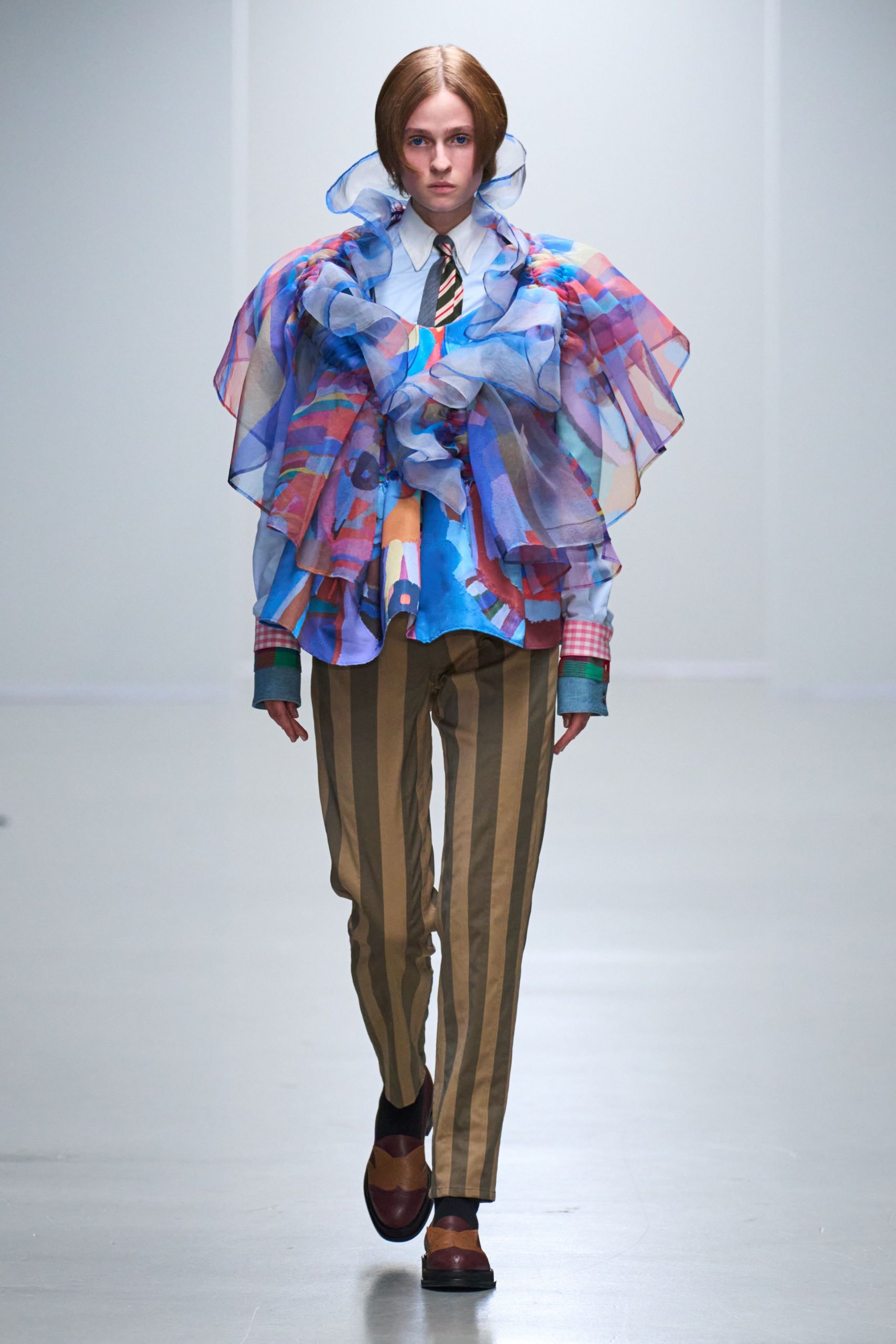 blue chiffon long-sleeve collared relaxed ruffled layered blouse