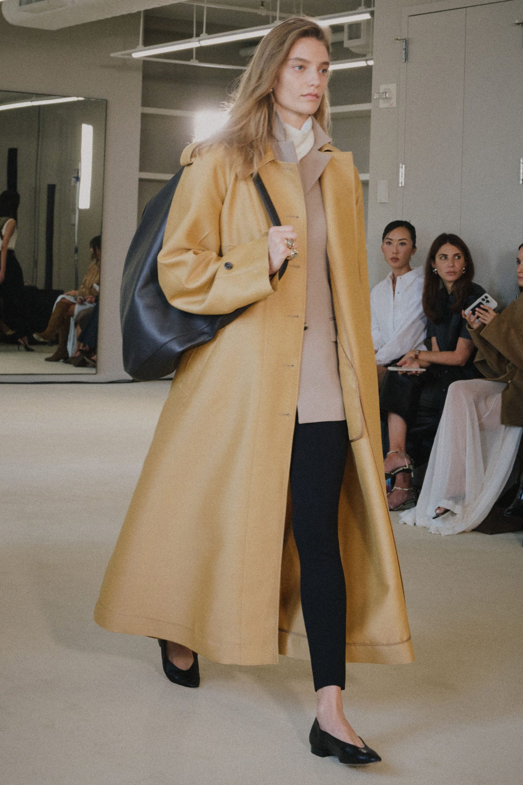 yellow cotton long-sleeve collared relaxed maxi coat