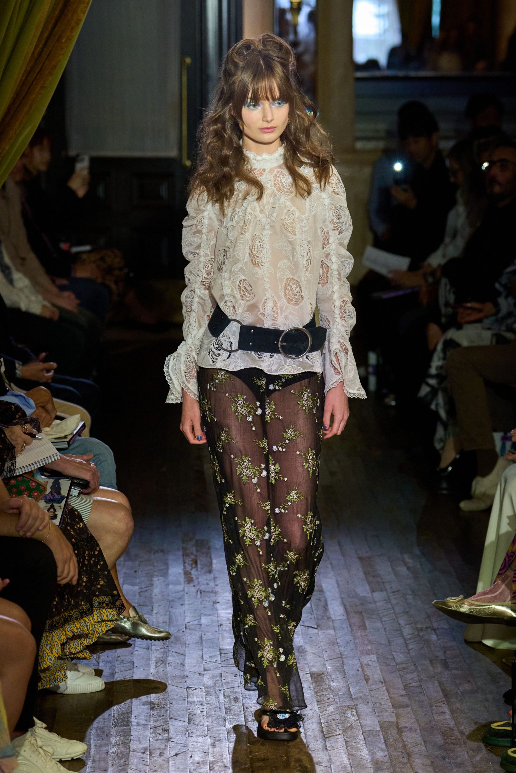 black fitted flared embroidered sheer pants