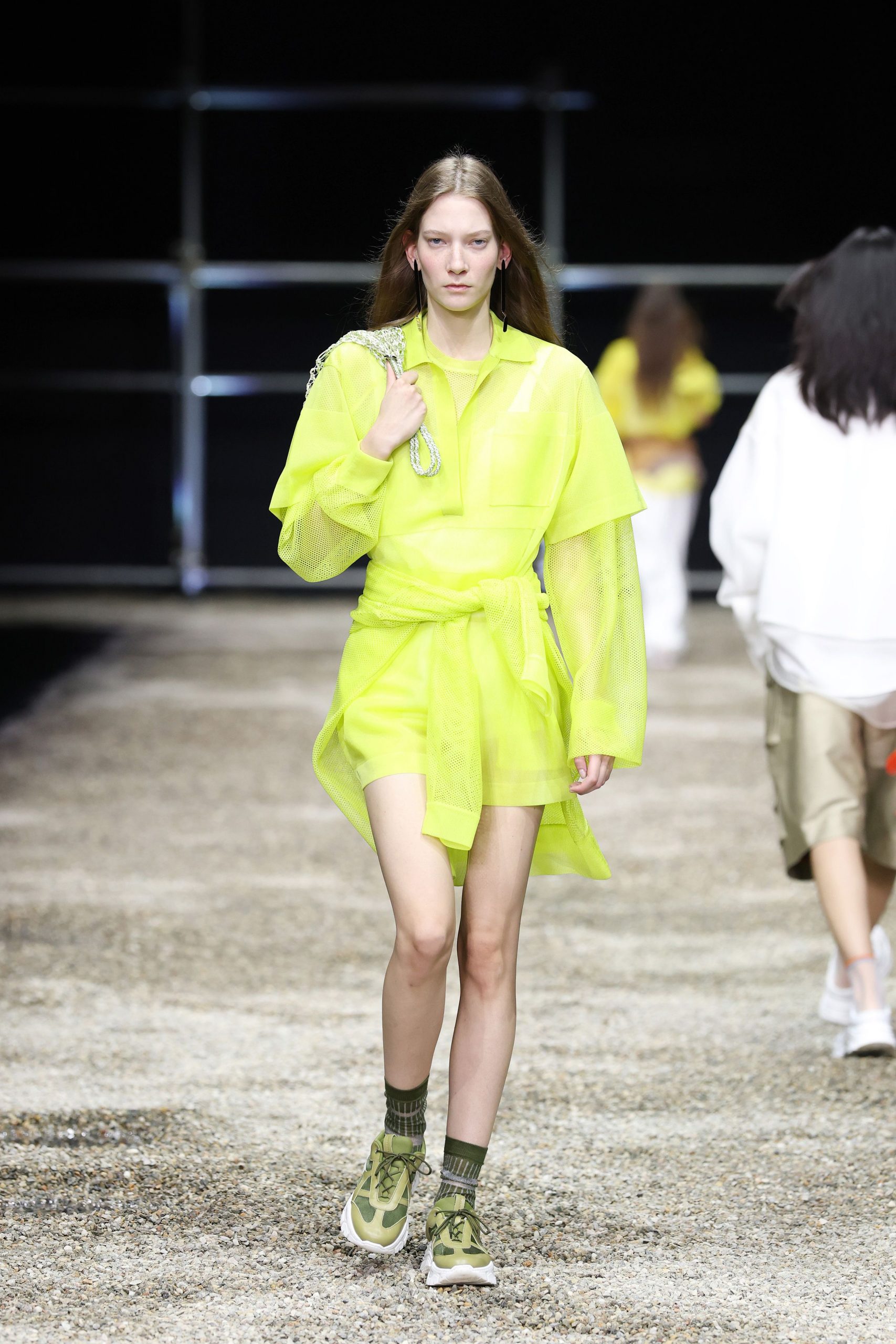 yellow mesh long-sleeve collared relaxed belted dress