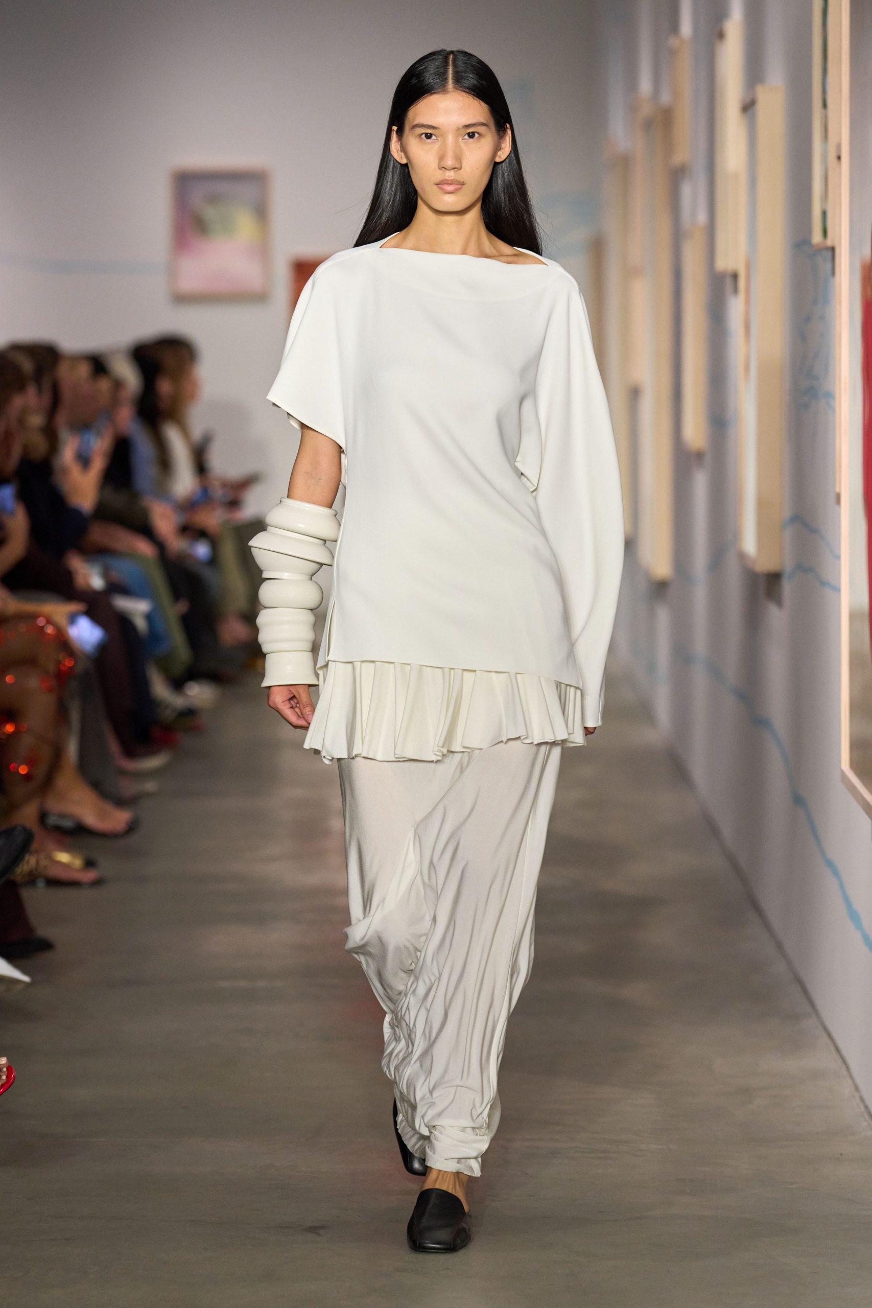 white cotton long-sleeve asymmetric relaxed ruffled midi dress