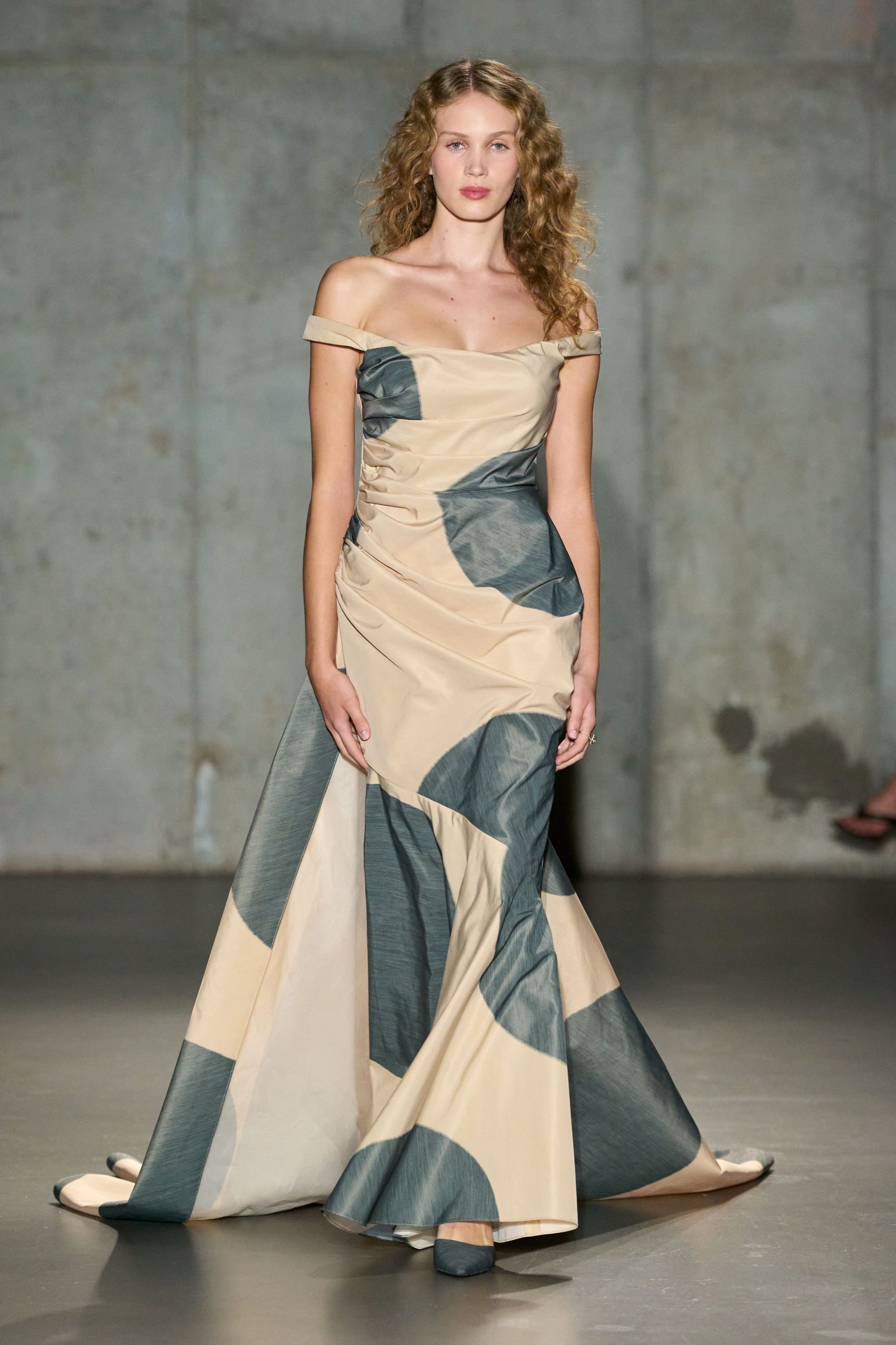 beige silk off-shoulder fitted draped color-blocked maxi gown