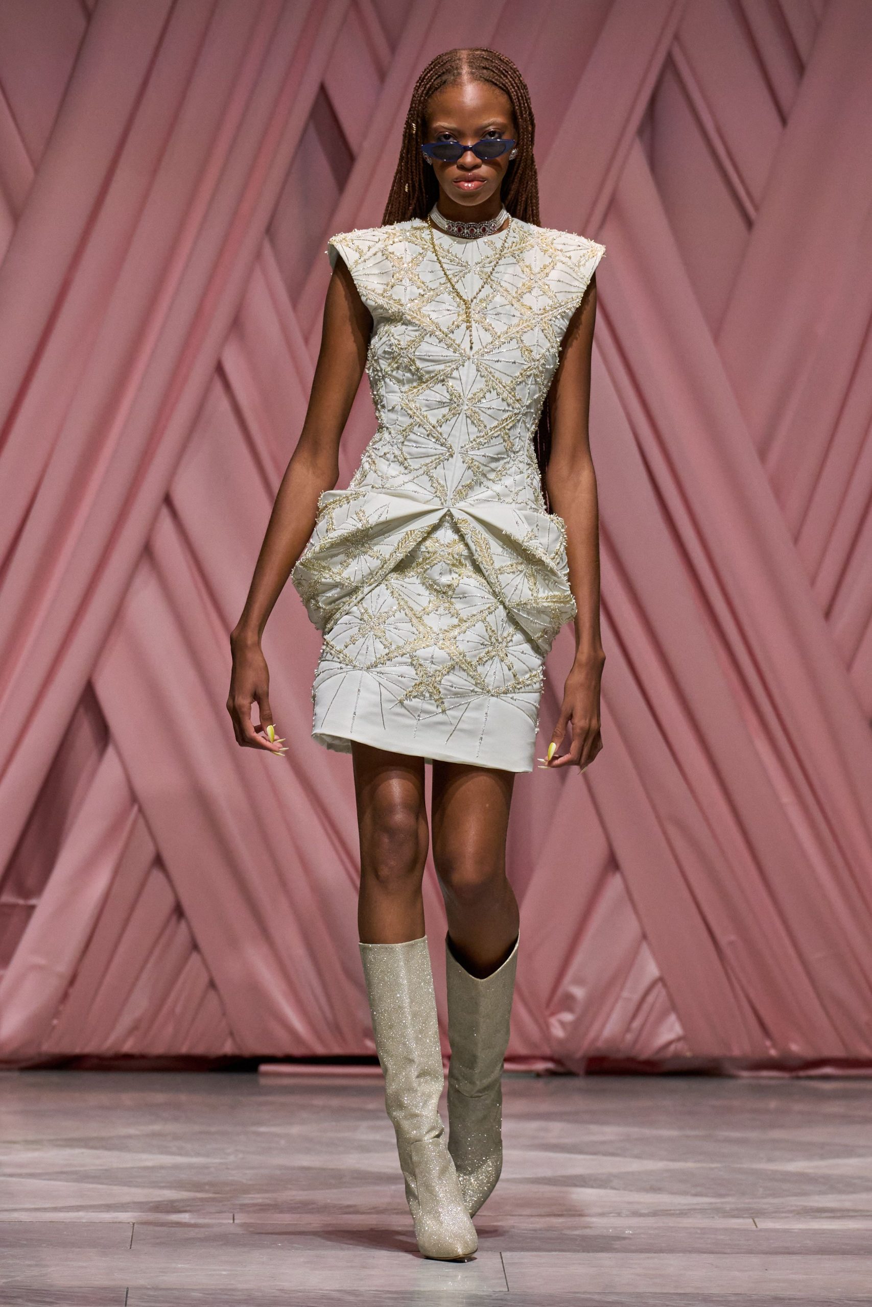 white silk sleeveless high-neck fitted embroidered tiered dress