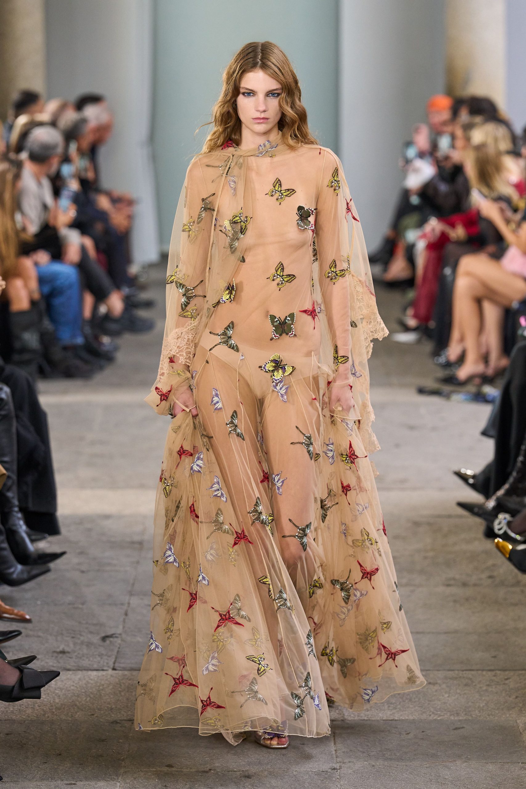 beige sheer embroidered gown