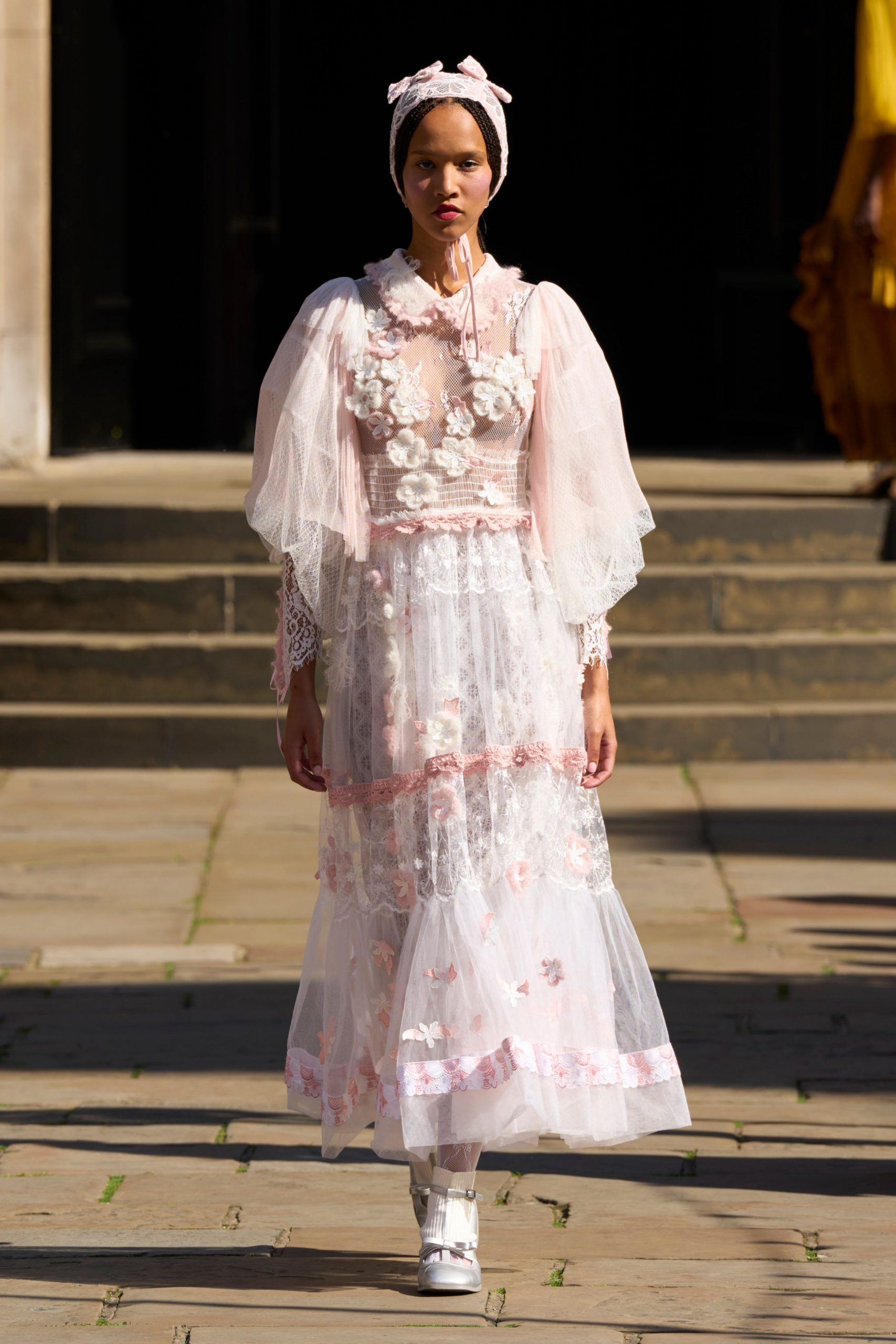 white lace long-sleeve high-neck fitted floral layered gown