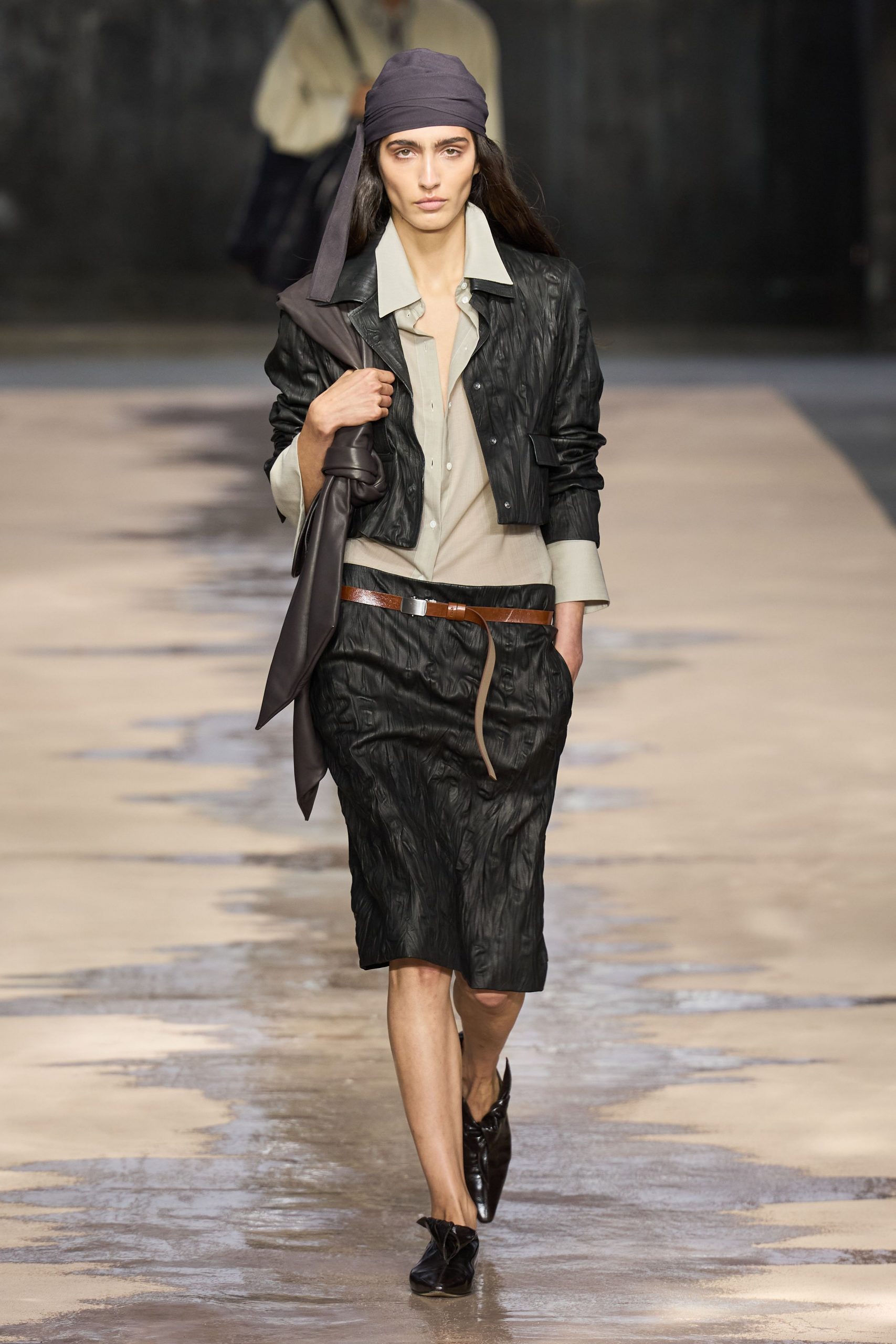 black leather fitted jacket and skirt