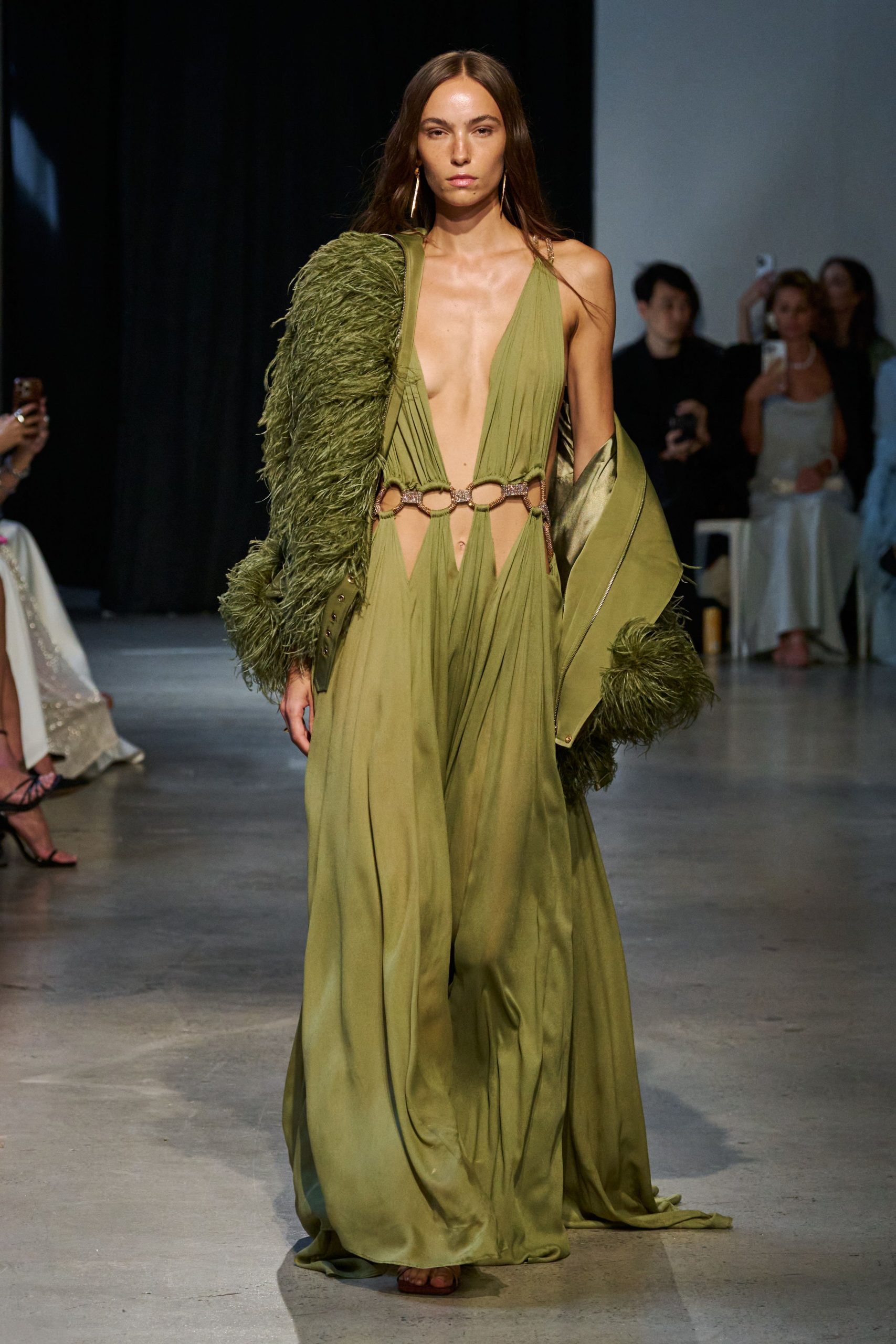 green silk sleeveless v-neck fitted draped flowing gown