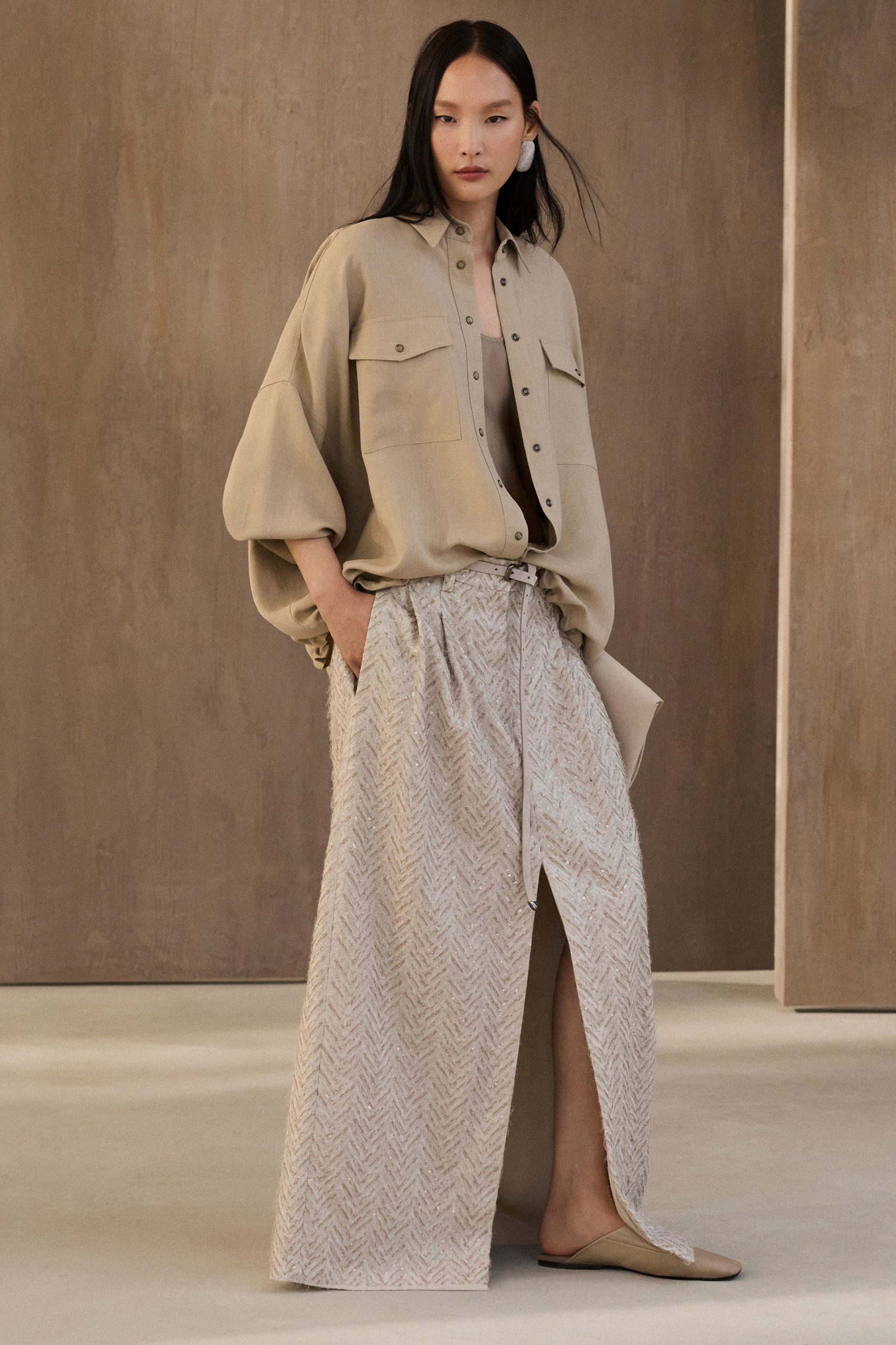 white cotton slit fitted high-waisted pleated maxi skirt