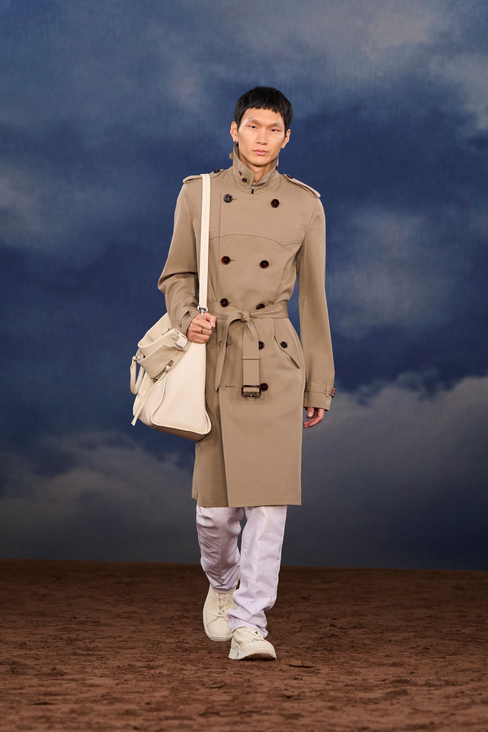 beige trench coat with white pants