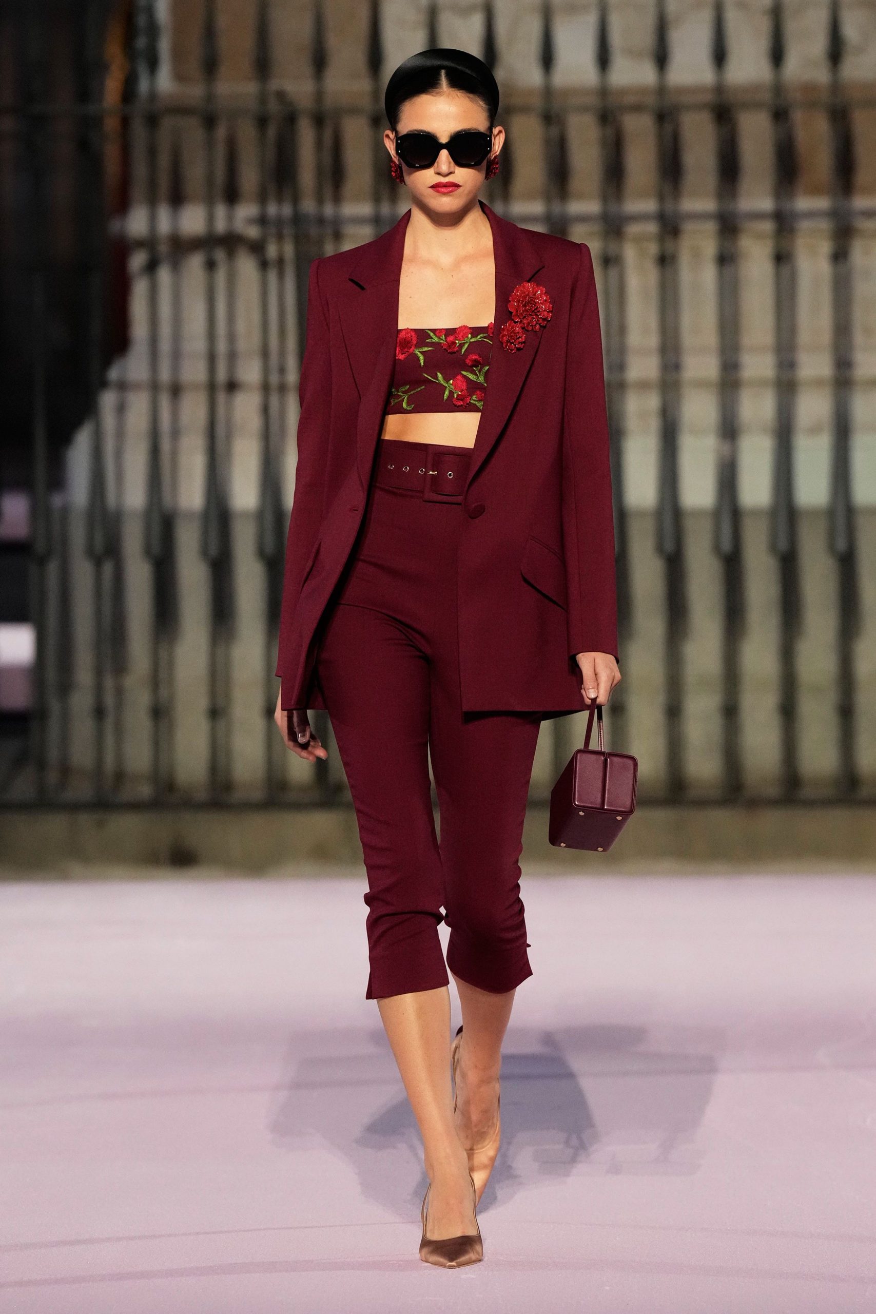 burgundy tailored blazer with crop-top