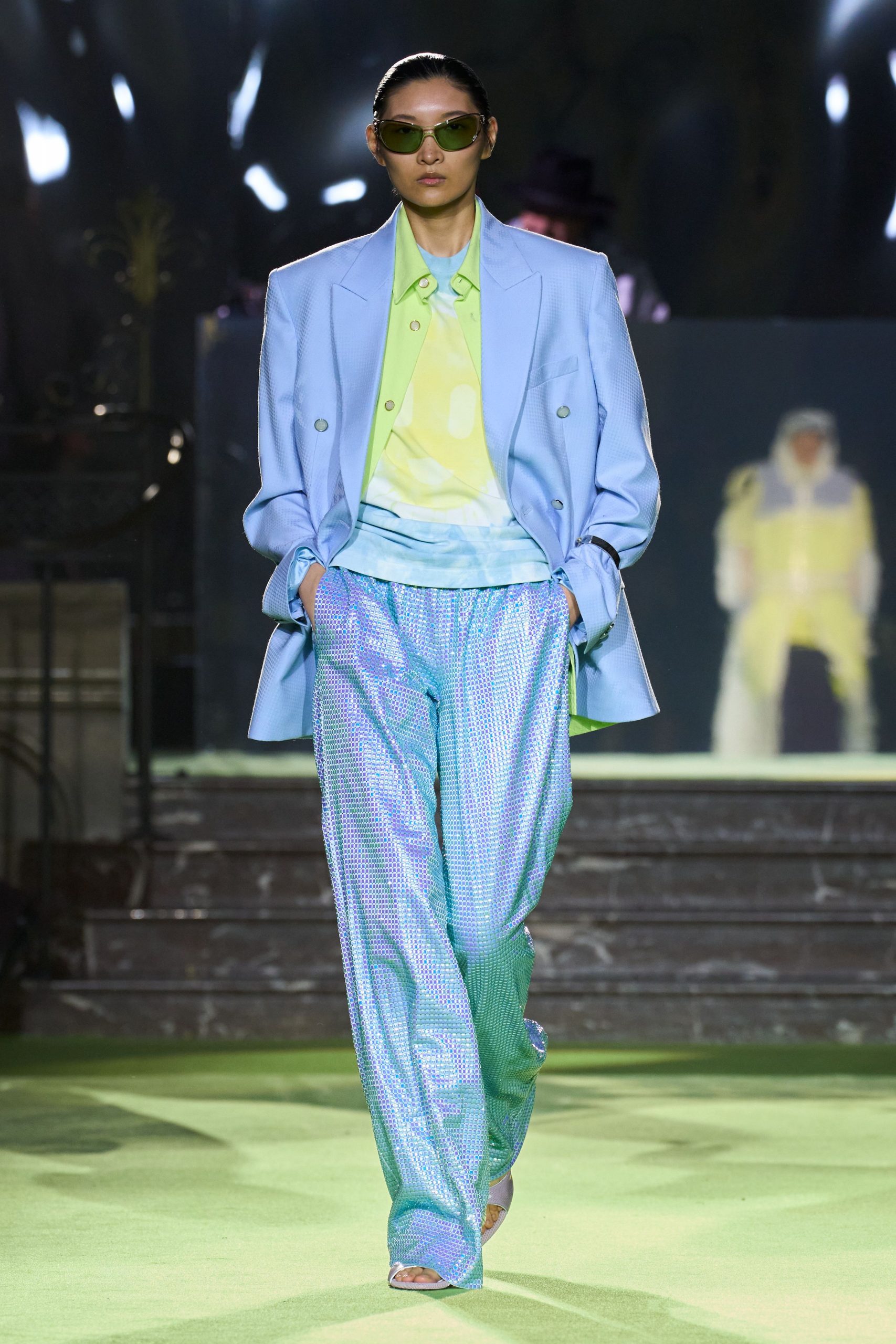 blue blazer green yellow top