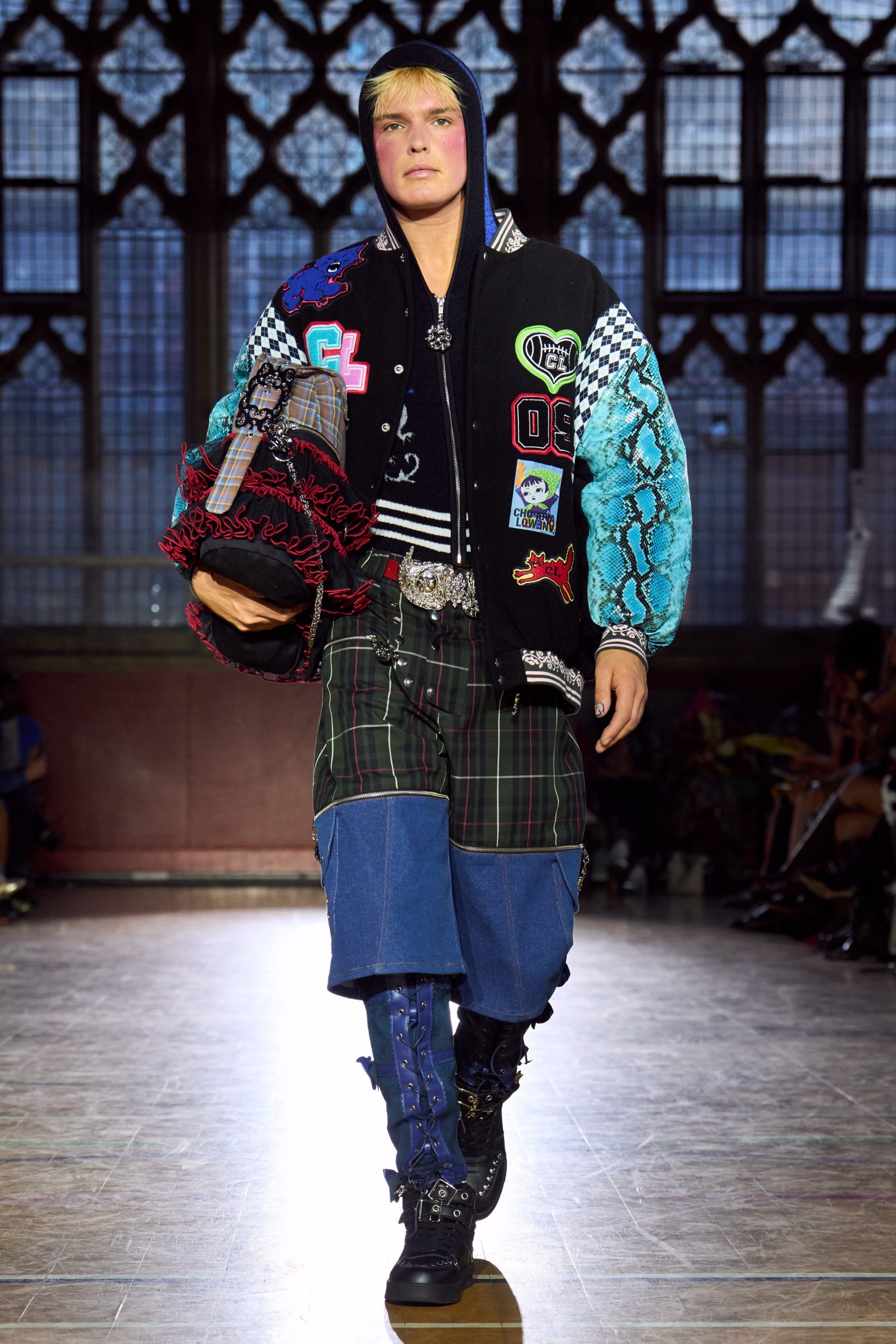 black cotton long-sleeve hooded relaxed embroidered patchwork jacket