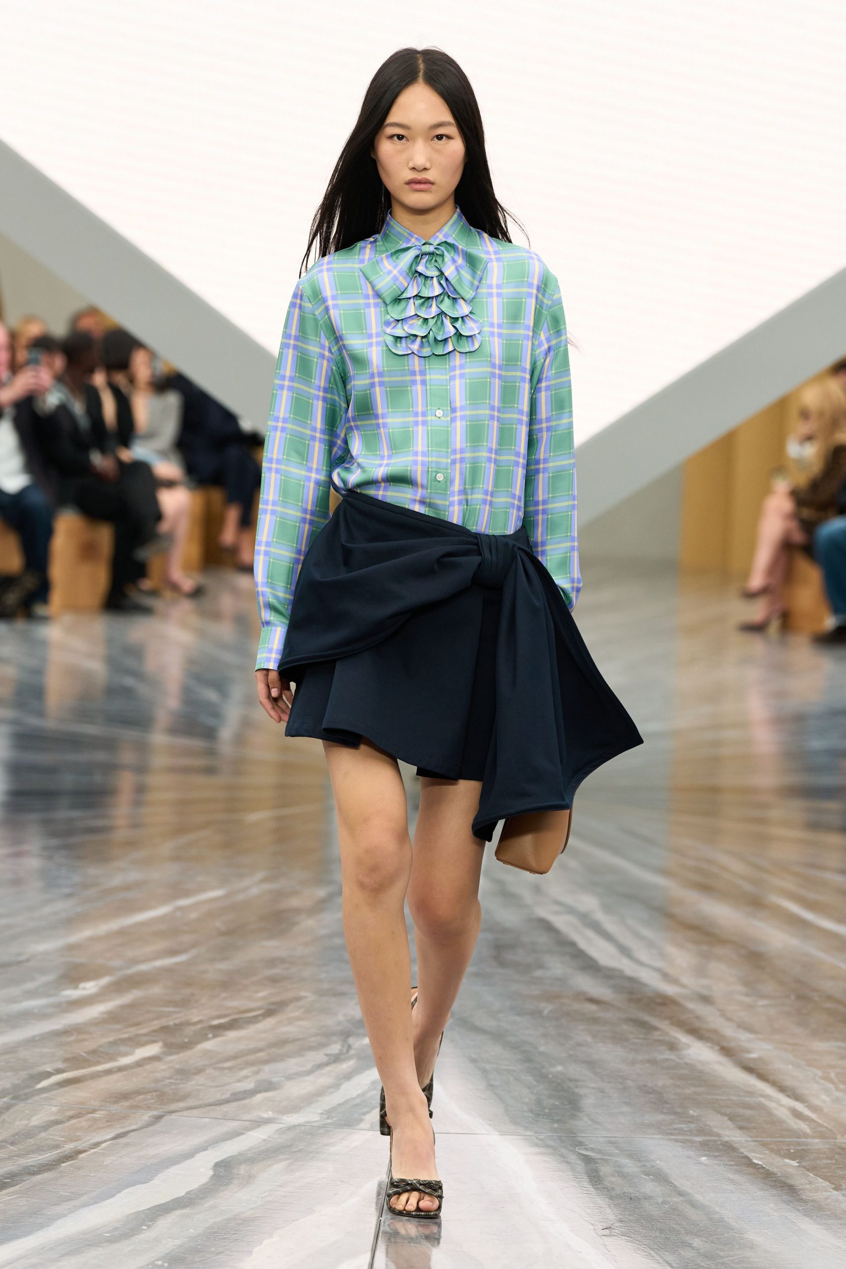green cotton long-sleeve collared fitted checked ruffled shirt