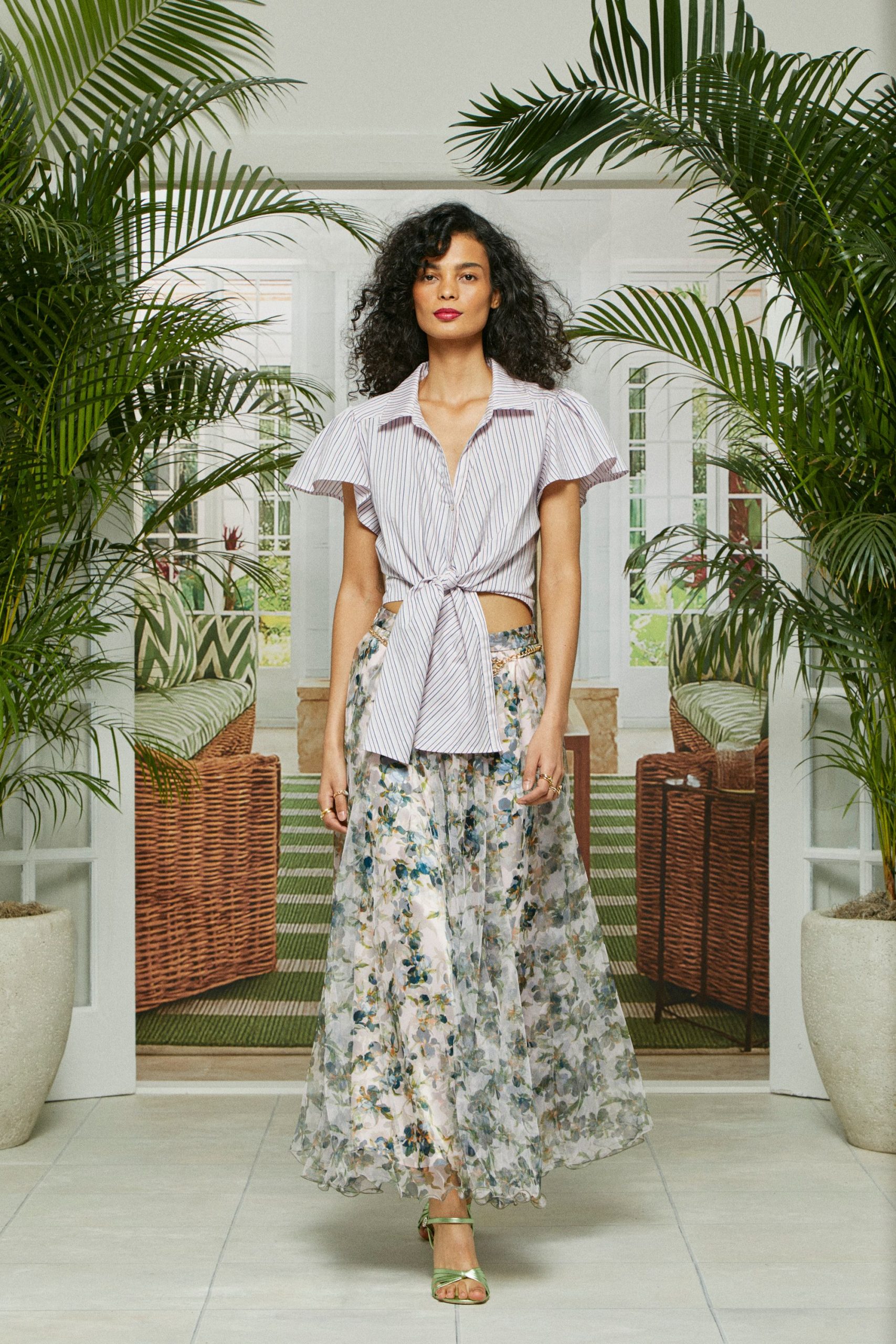 striped shirt floral maxi skirt