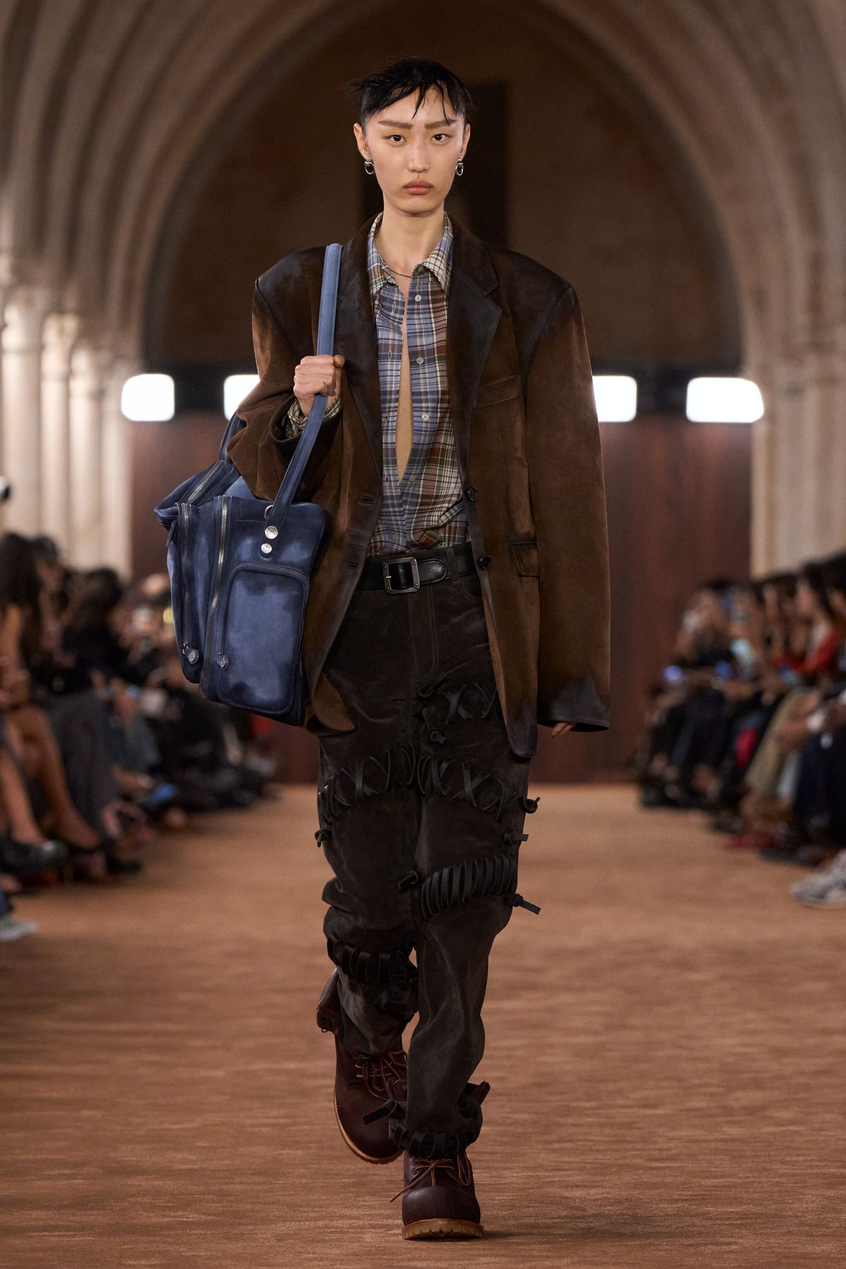 brown leather long-sleeve collared relaxed buttoned blazer