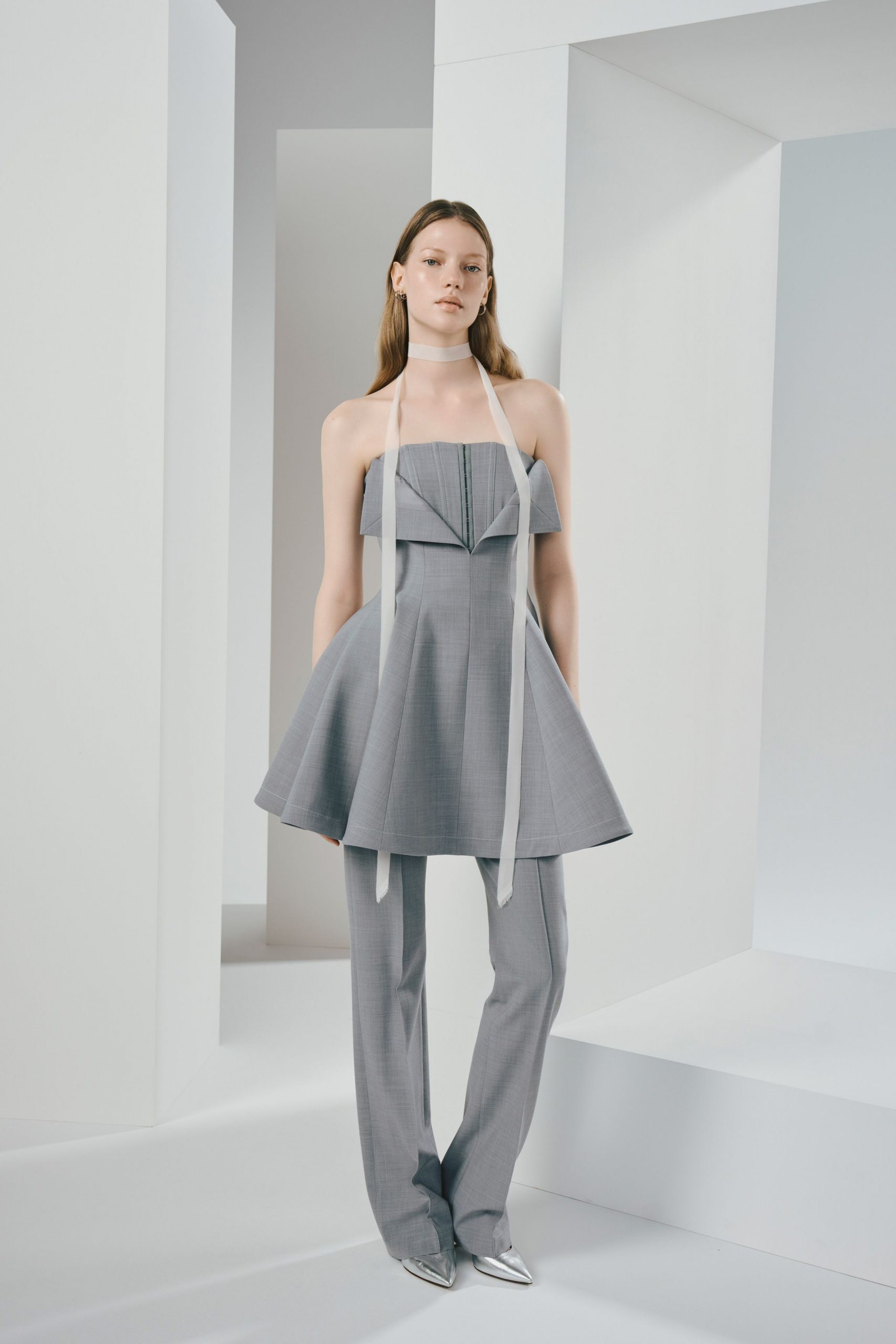 gray fitted top with tailored pants