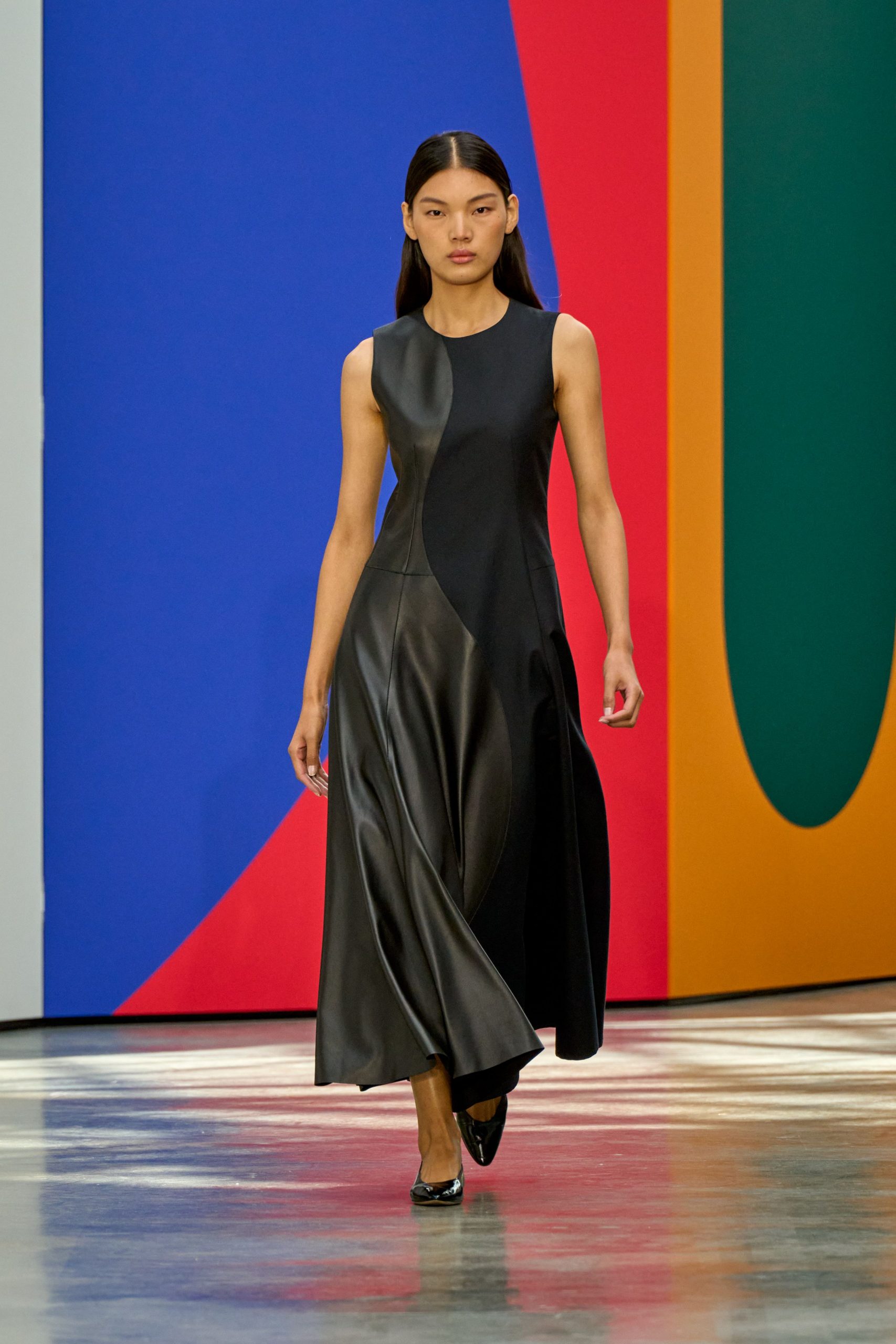 black leather sleeveless midi dress