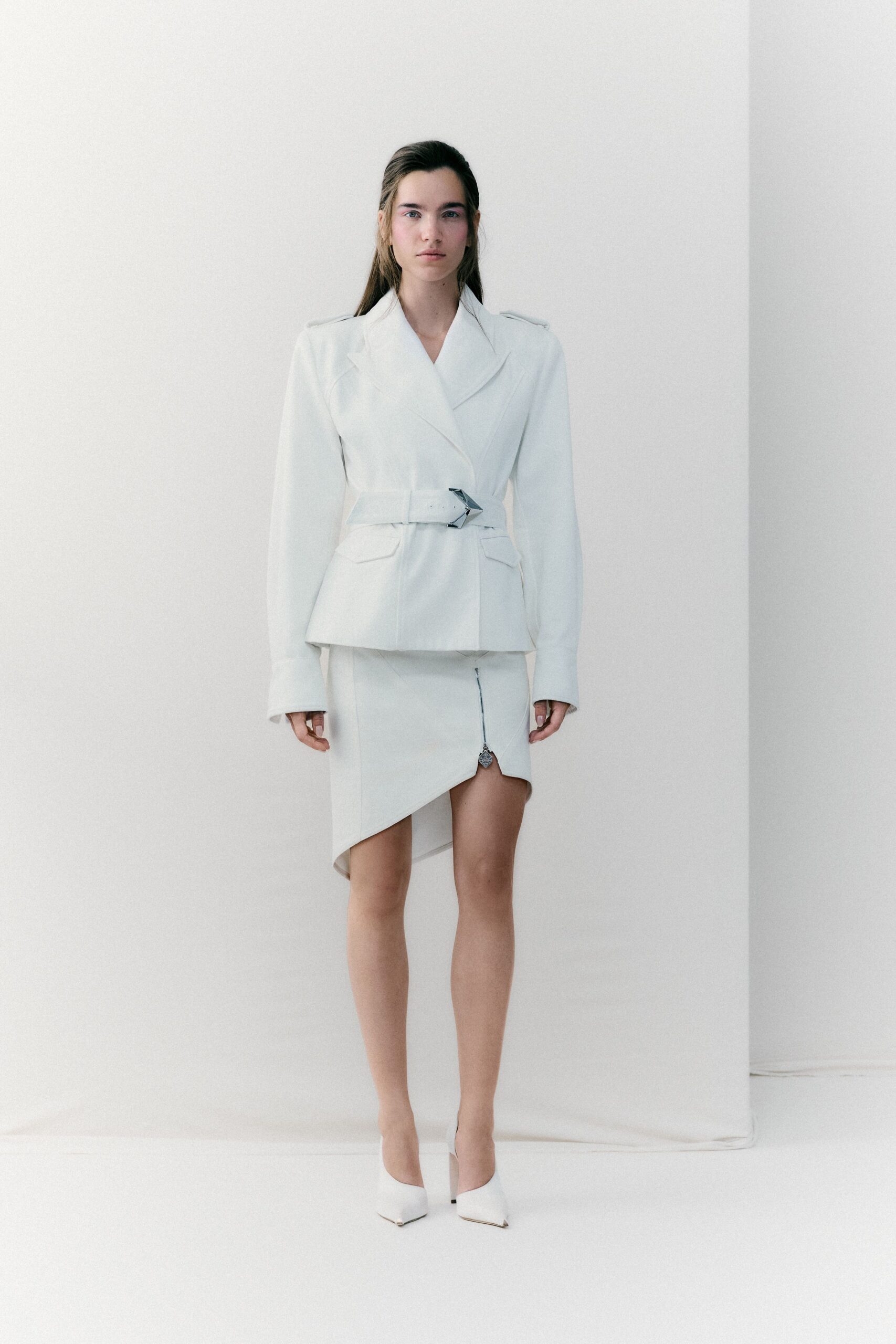 white cotton long-sleeve collared structured belted blazer