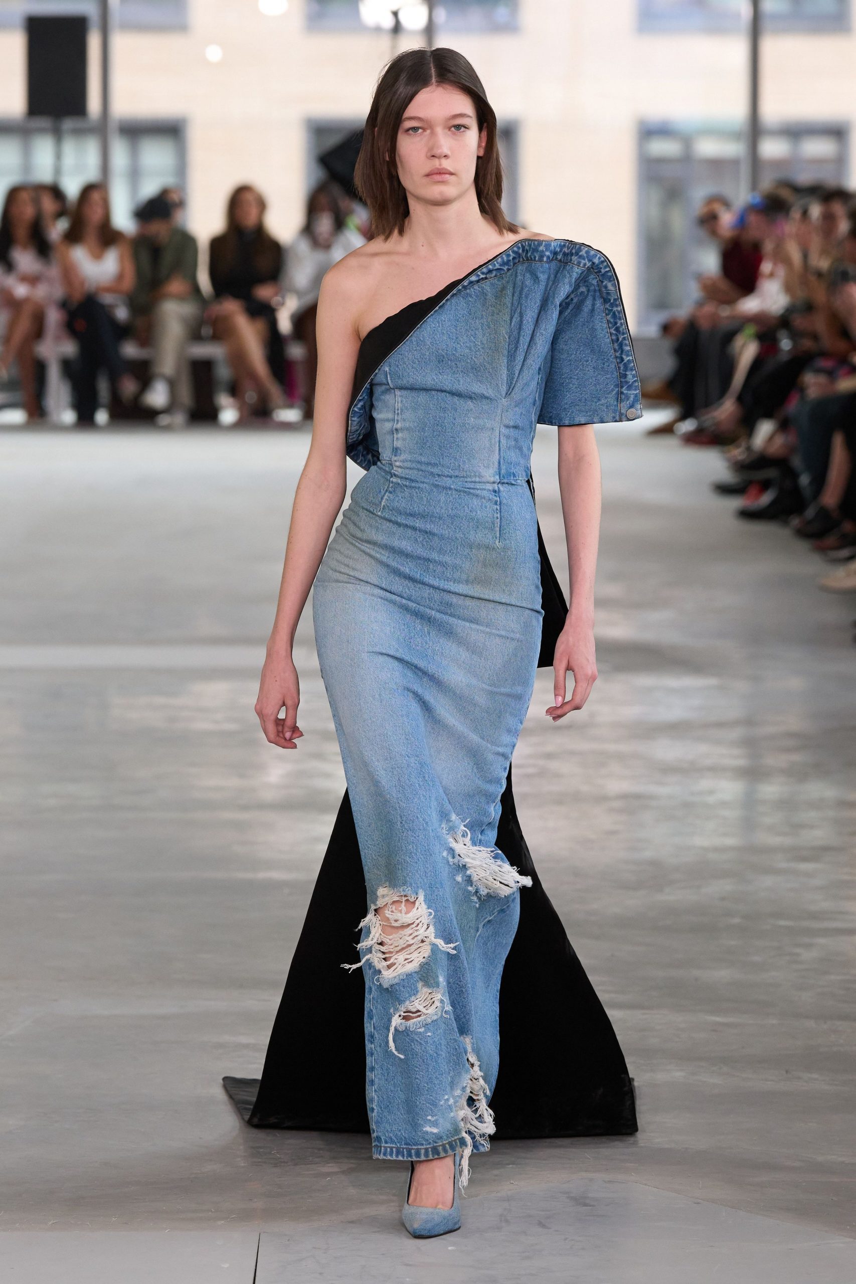 blue denim off-shoulder asymmetric fitted distressed midi dress