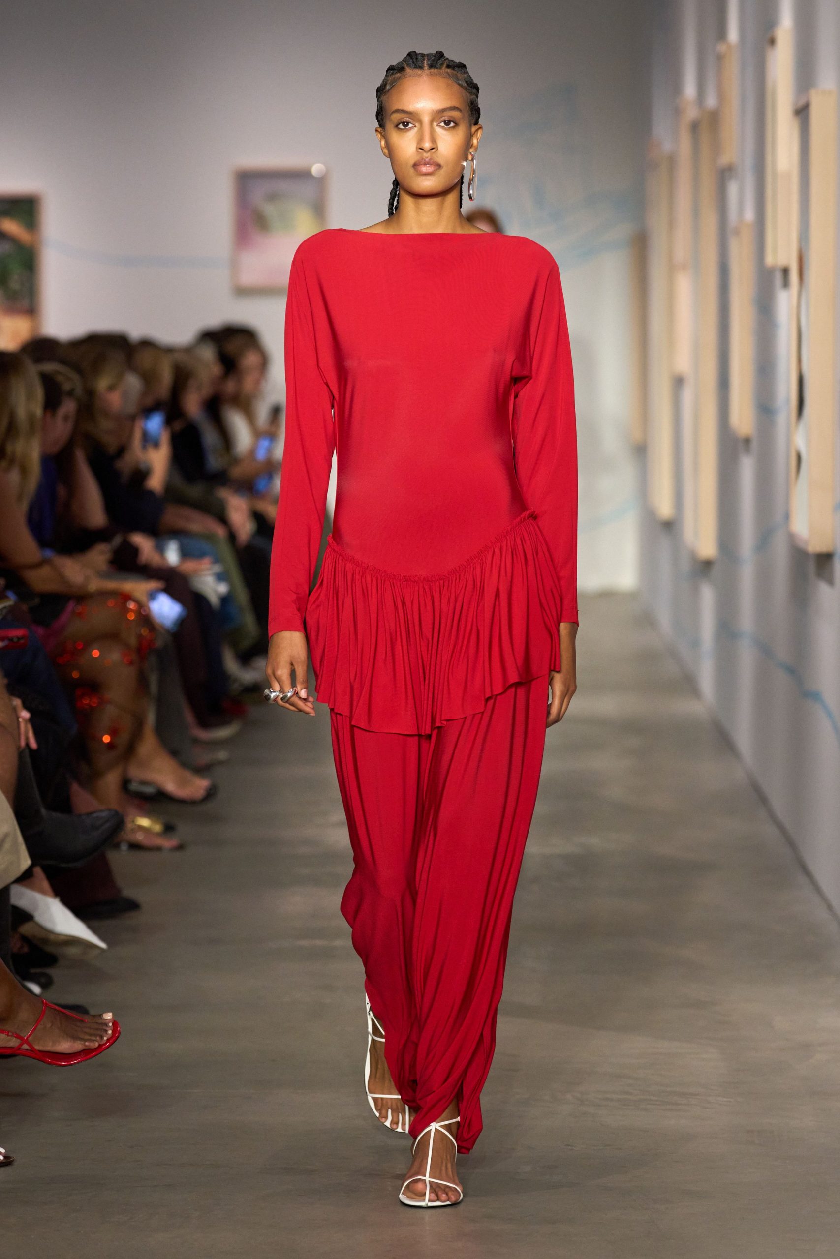 red silk relaxed pleated pants