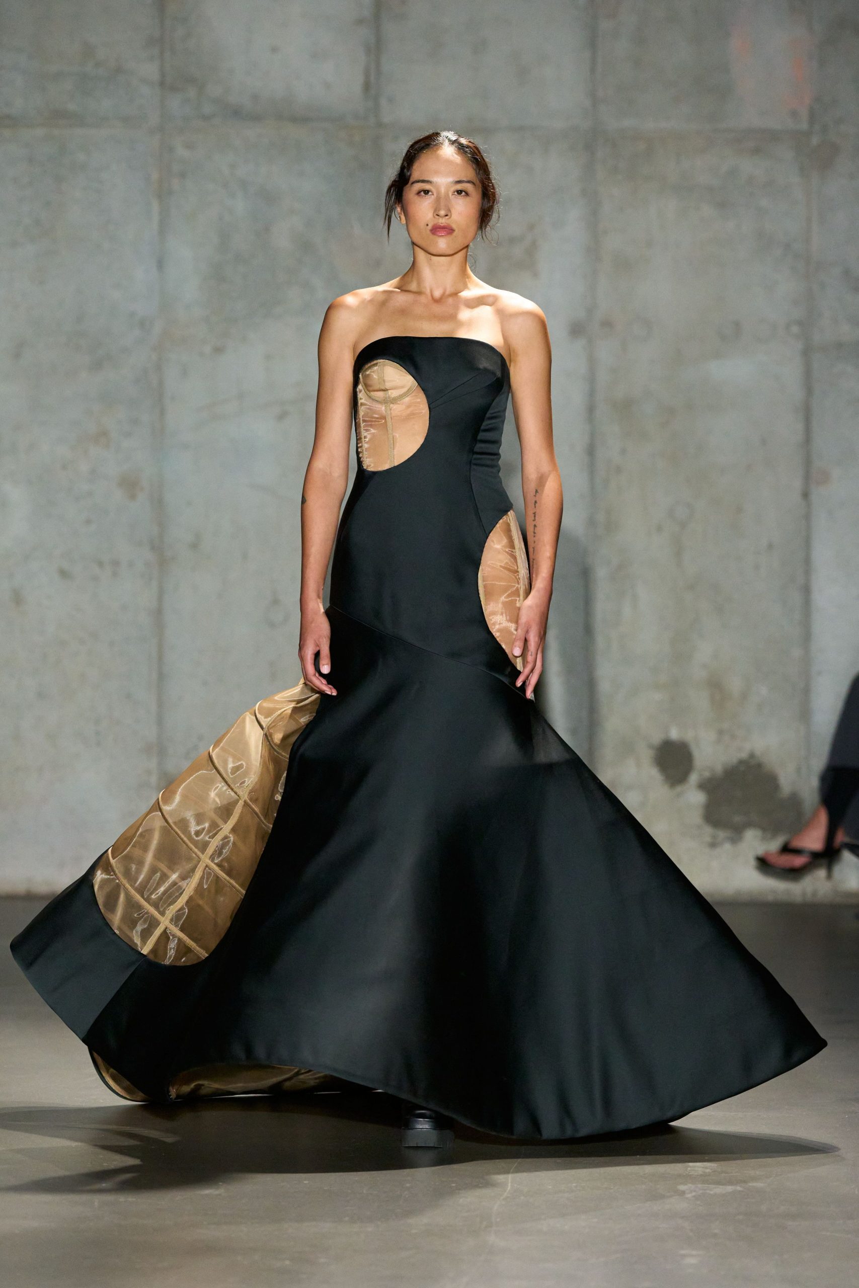 black silk strapless asymmetric fitted draped flowing gown