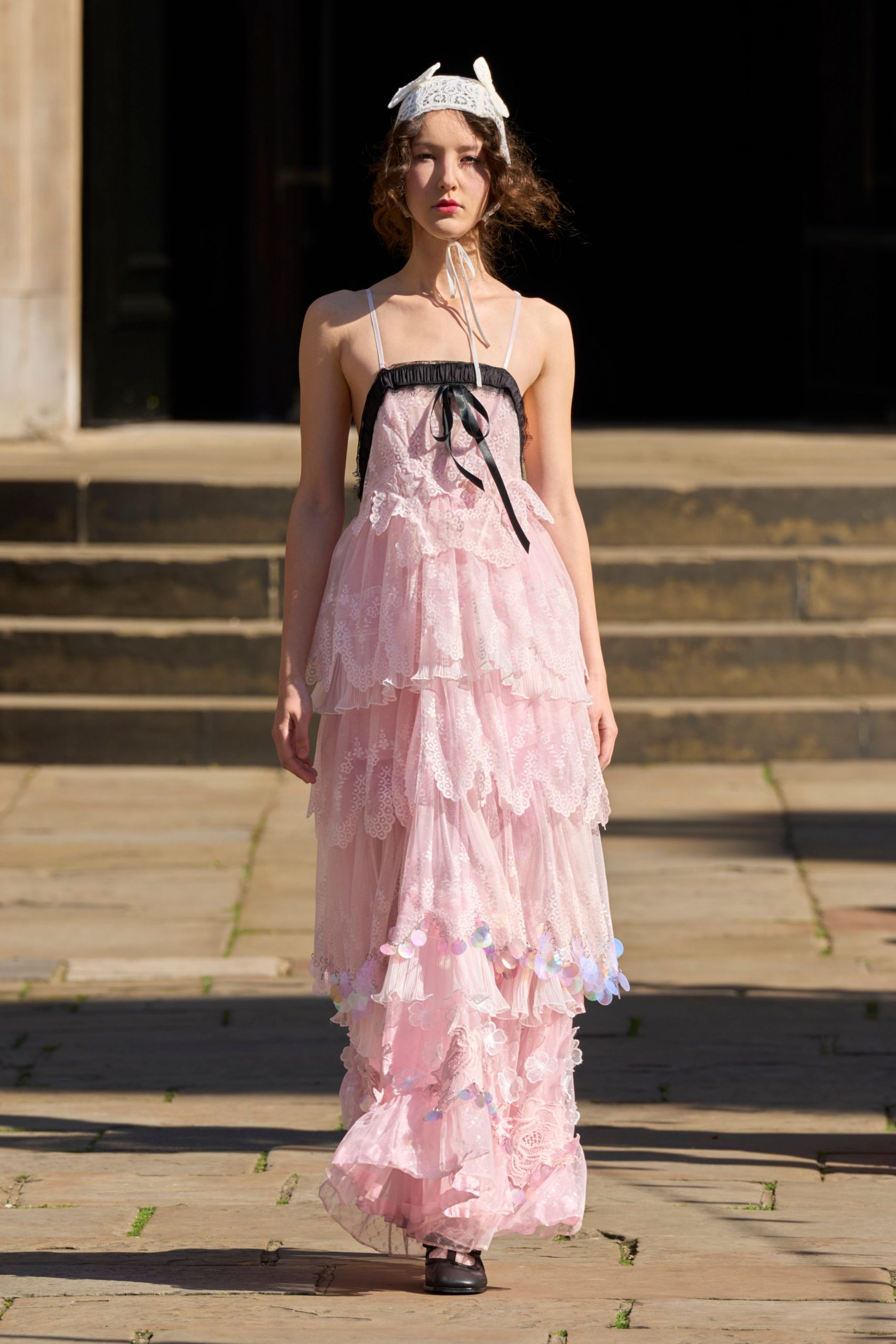 pink lace sleeveless fitted tiered ruffled maxi gown