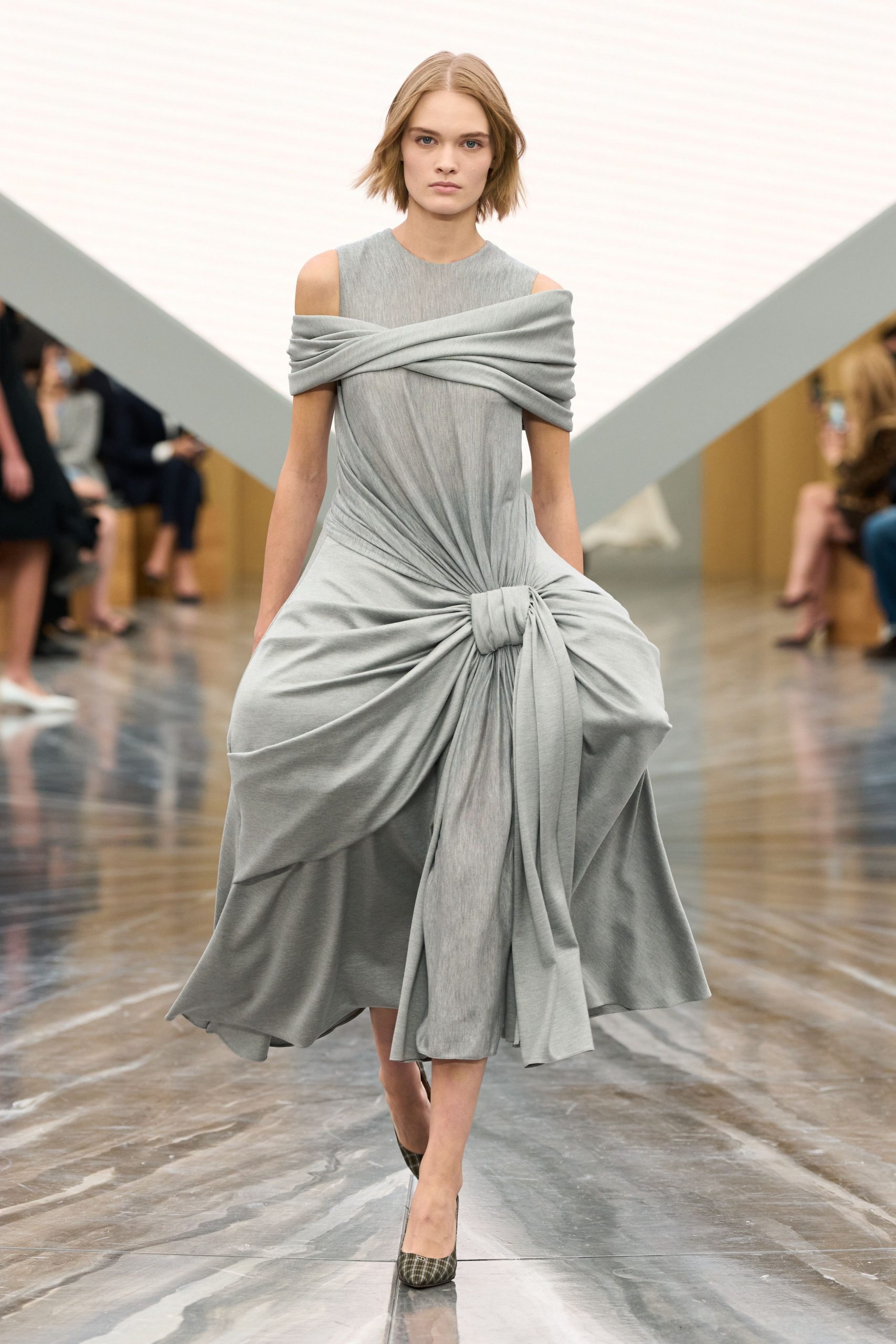 gray cotton sleeveless off-shoulder fitted draped layered dress