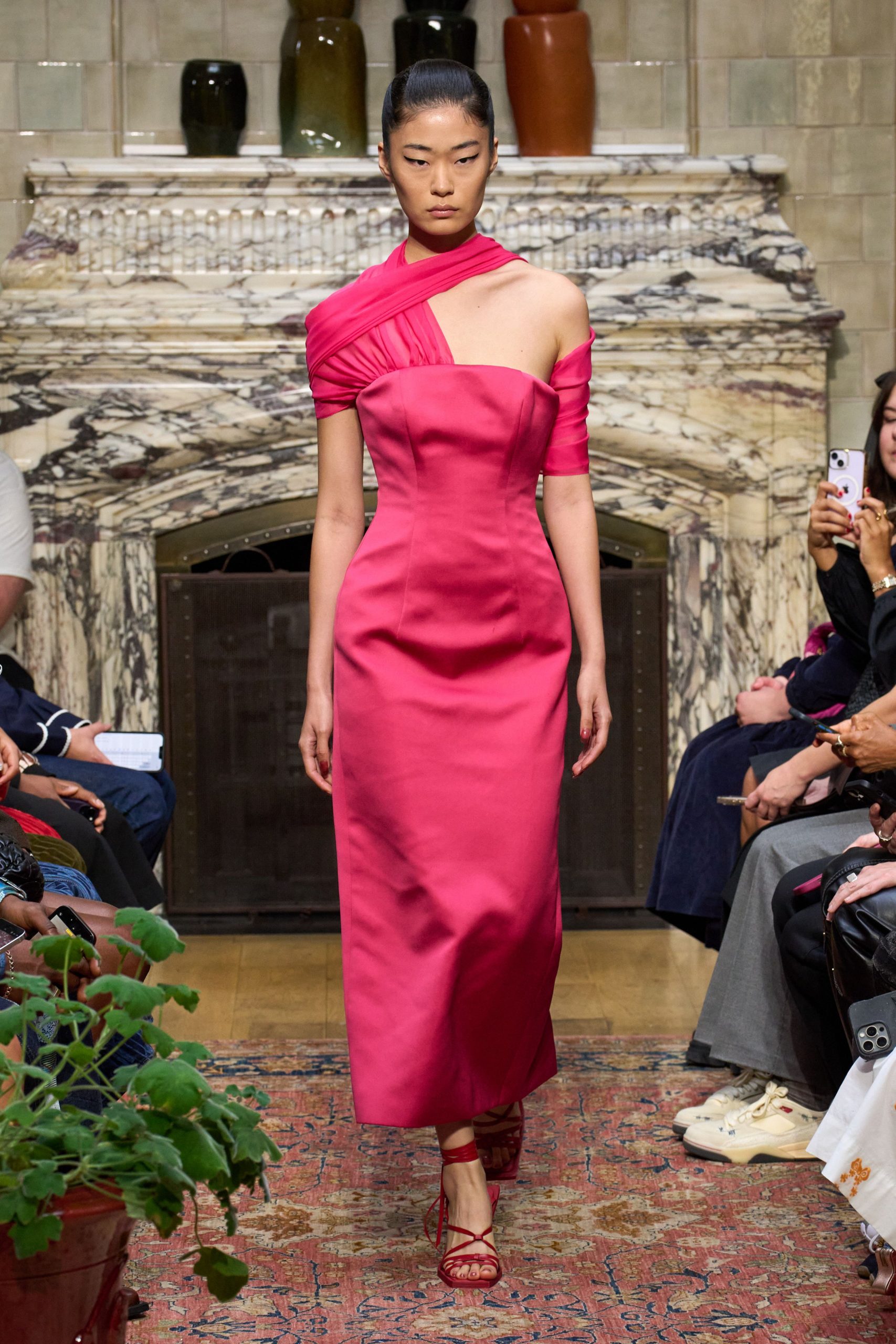 pink silk off-shoulder gown