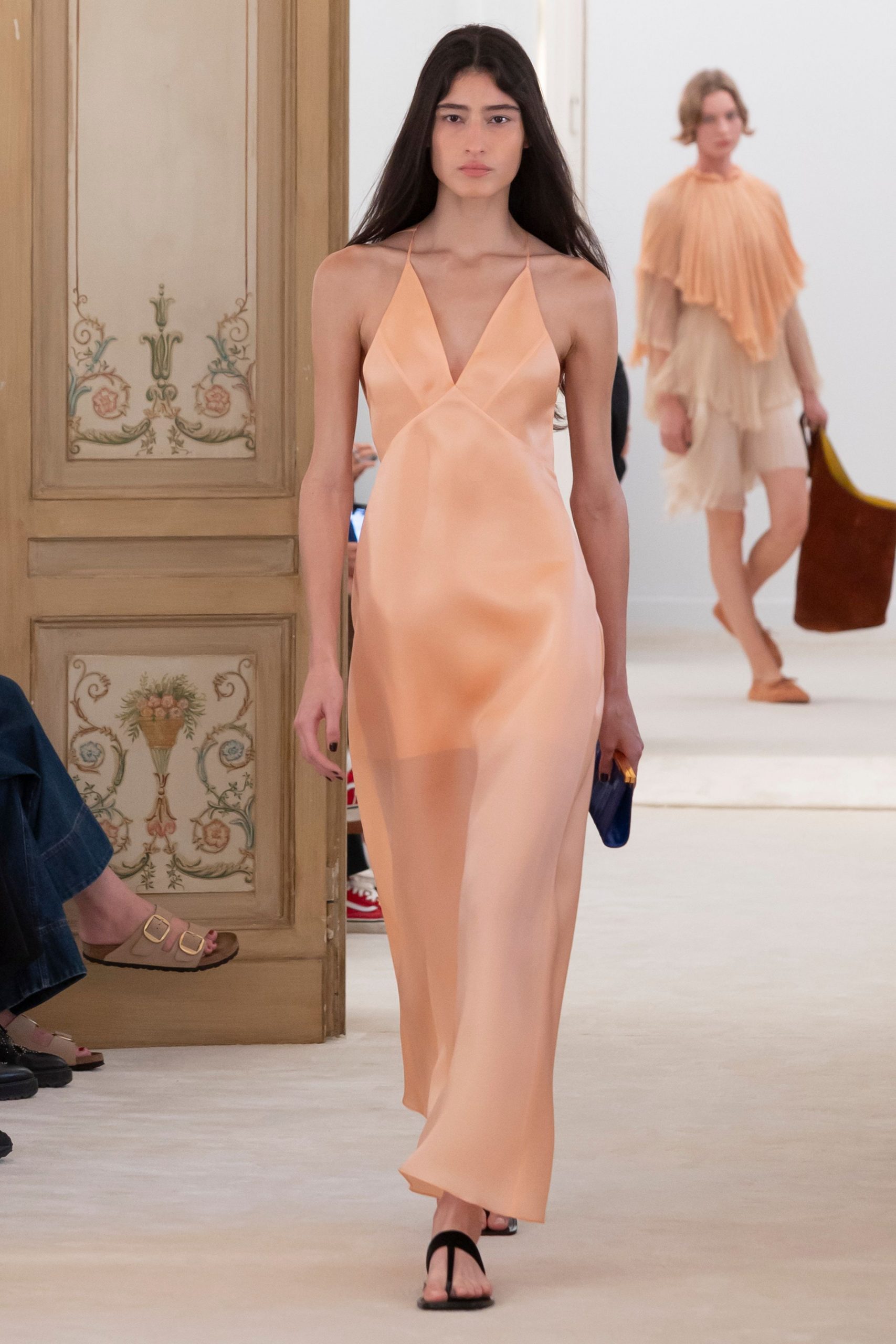 peach silk fitted gown