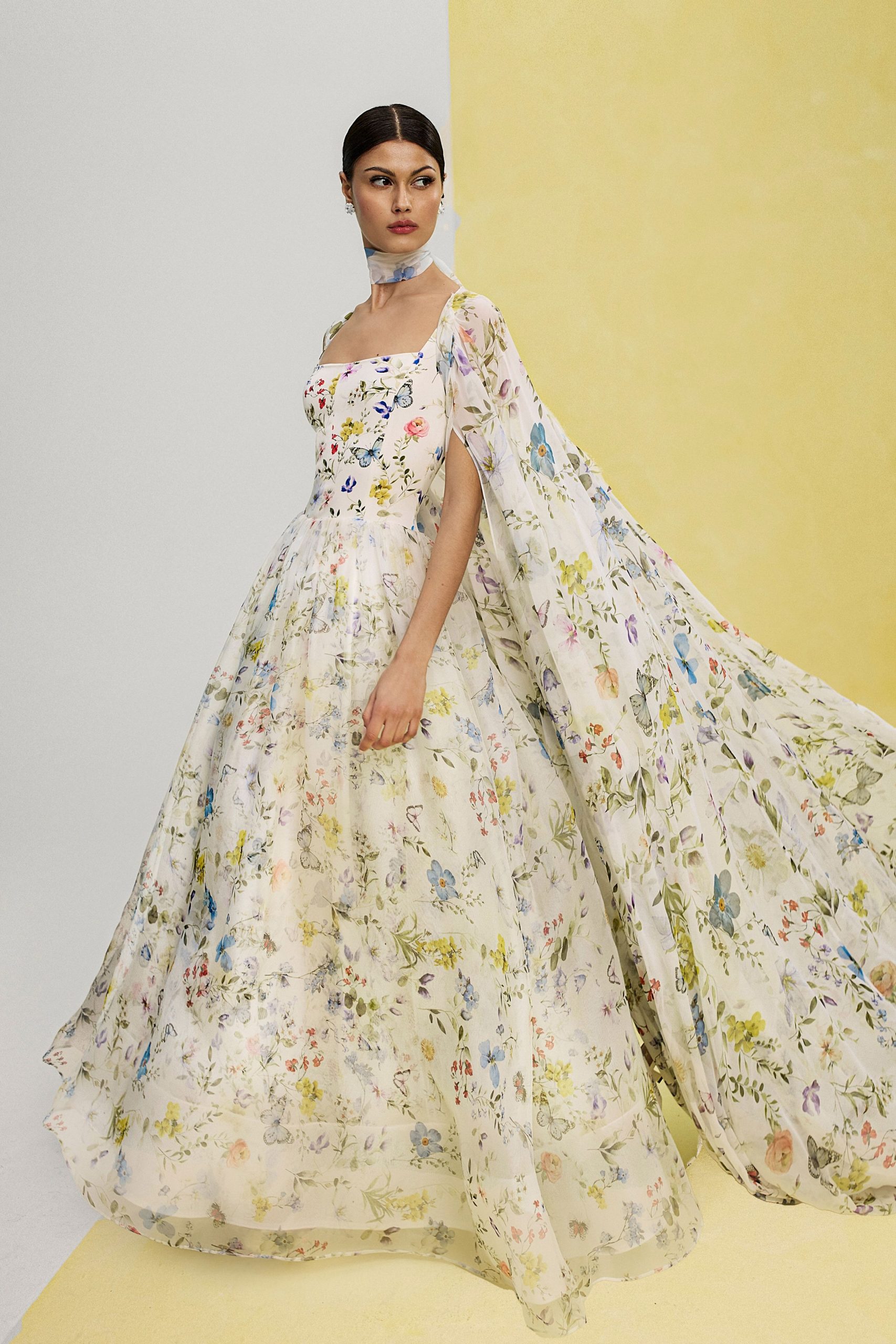 floral white chiffon gown with cape