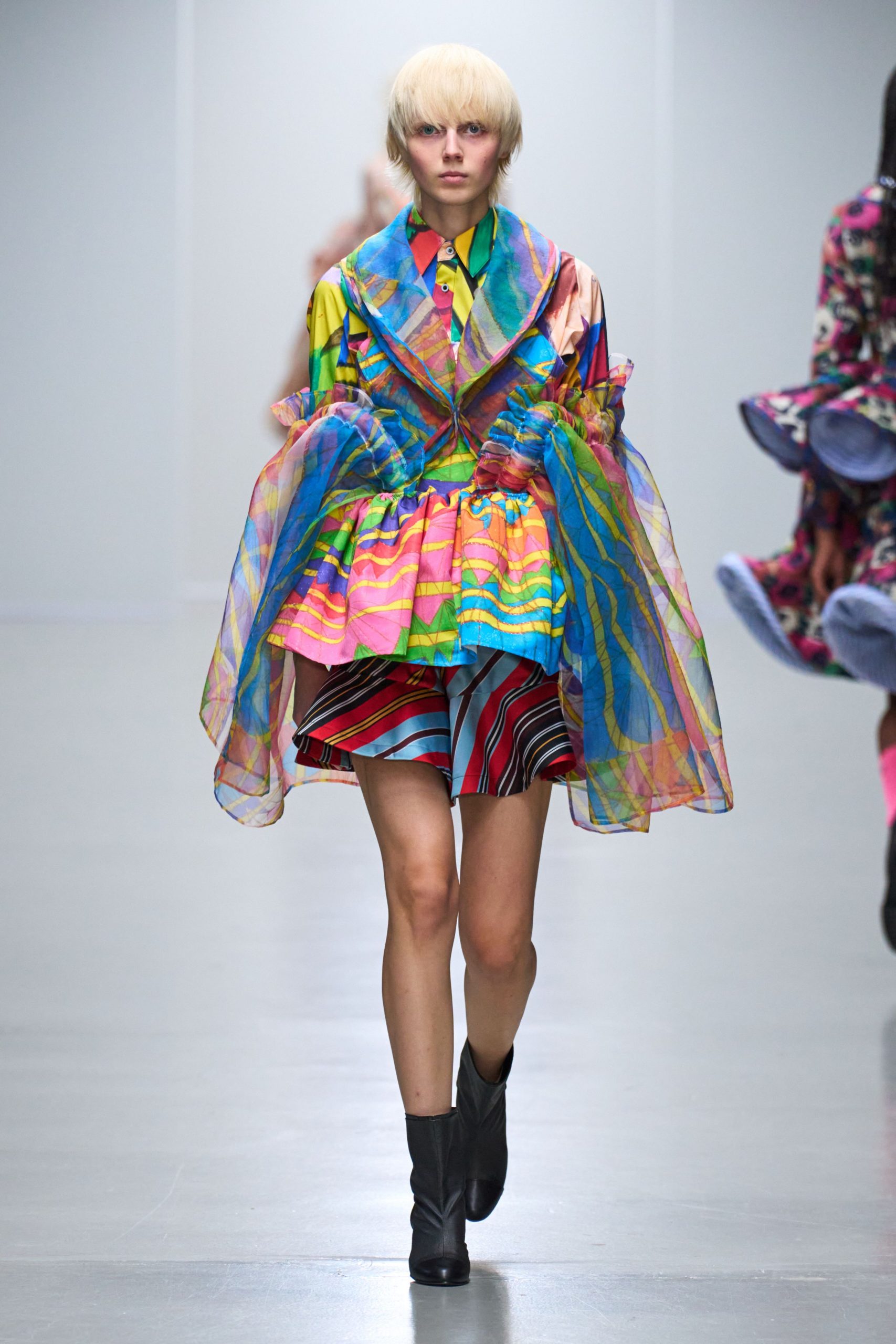 multi silk long-sleeve collared fitted layered pleated dress