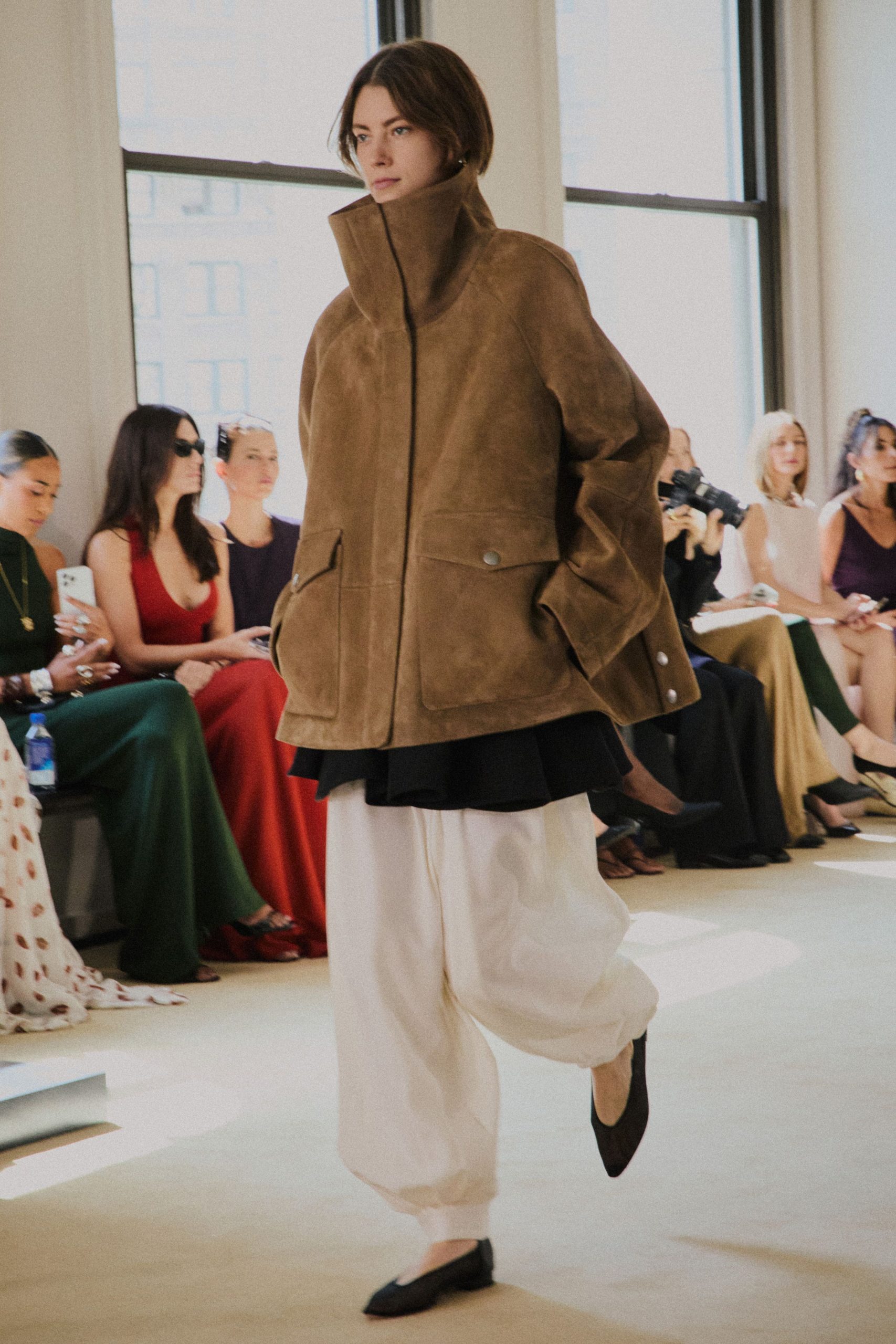 brown suede long-sleeve collared oversized buttoned jacket