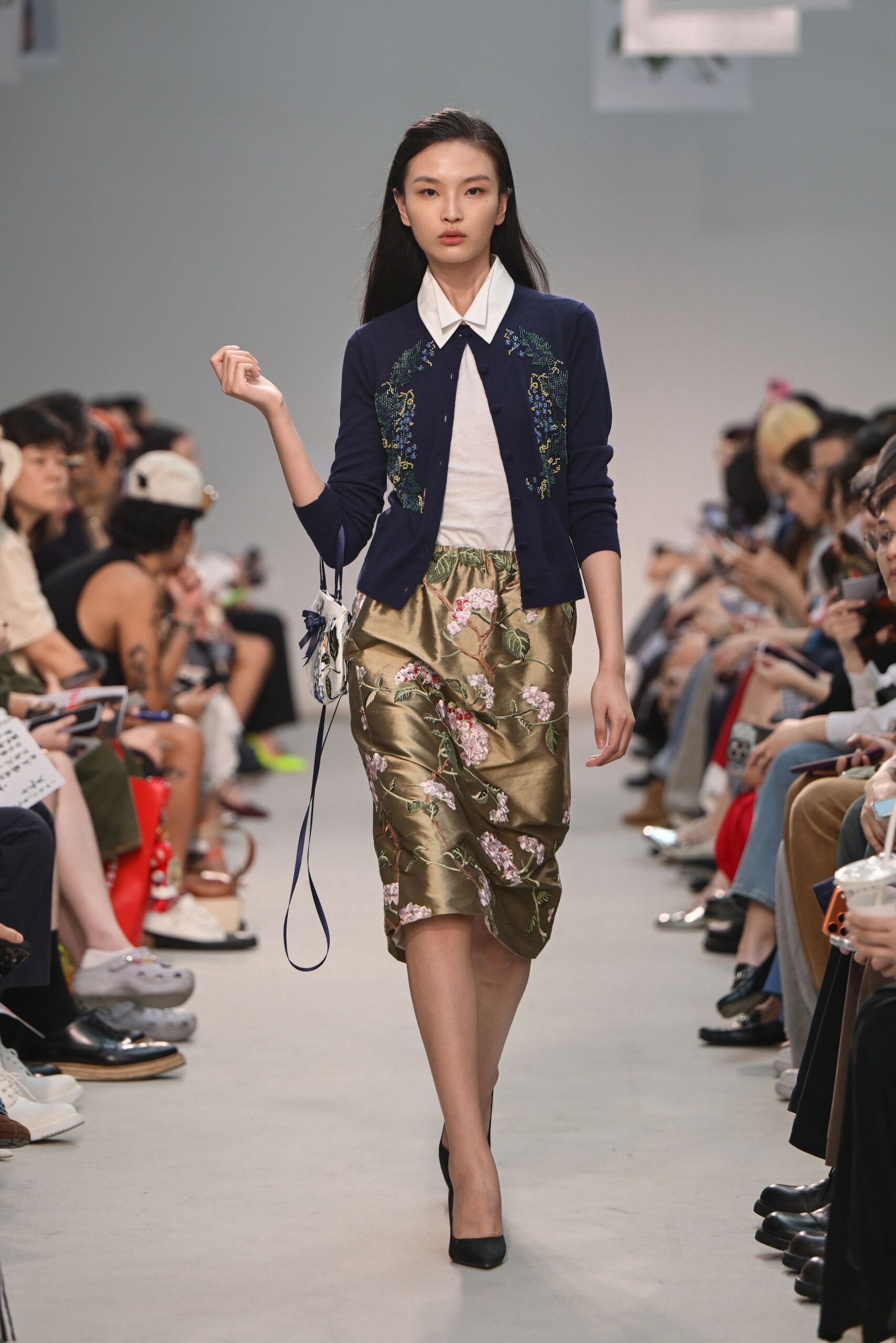 navy cardigan white shirt floral skirt