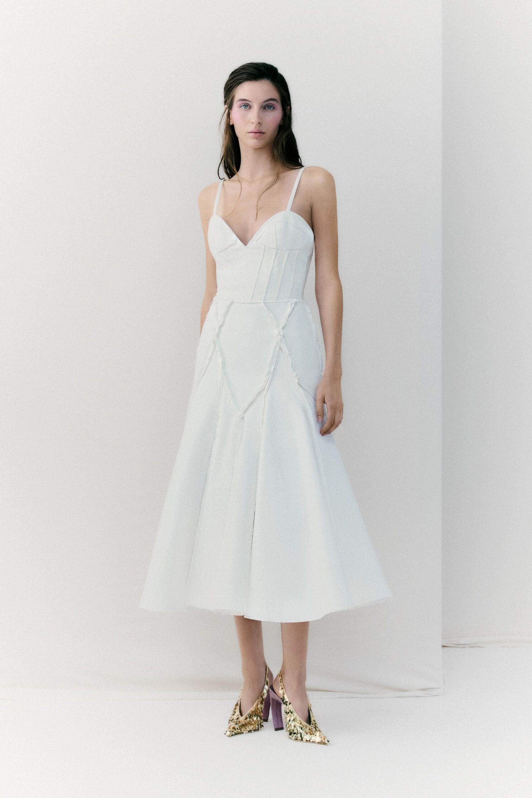 white fitted midi dress with heels