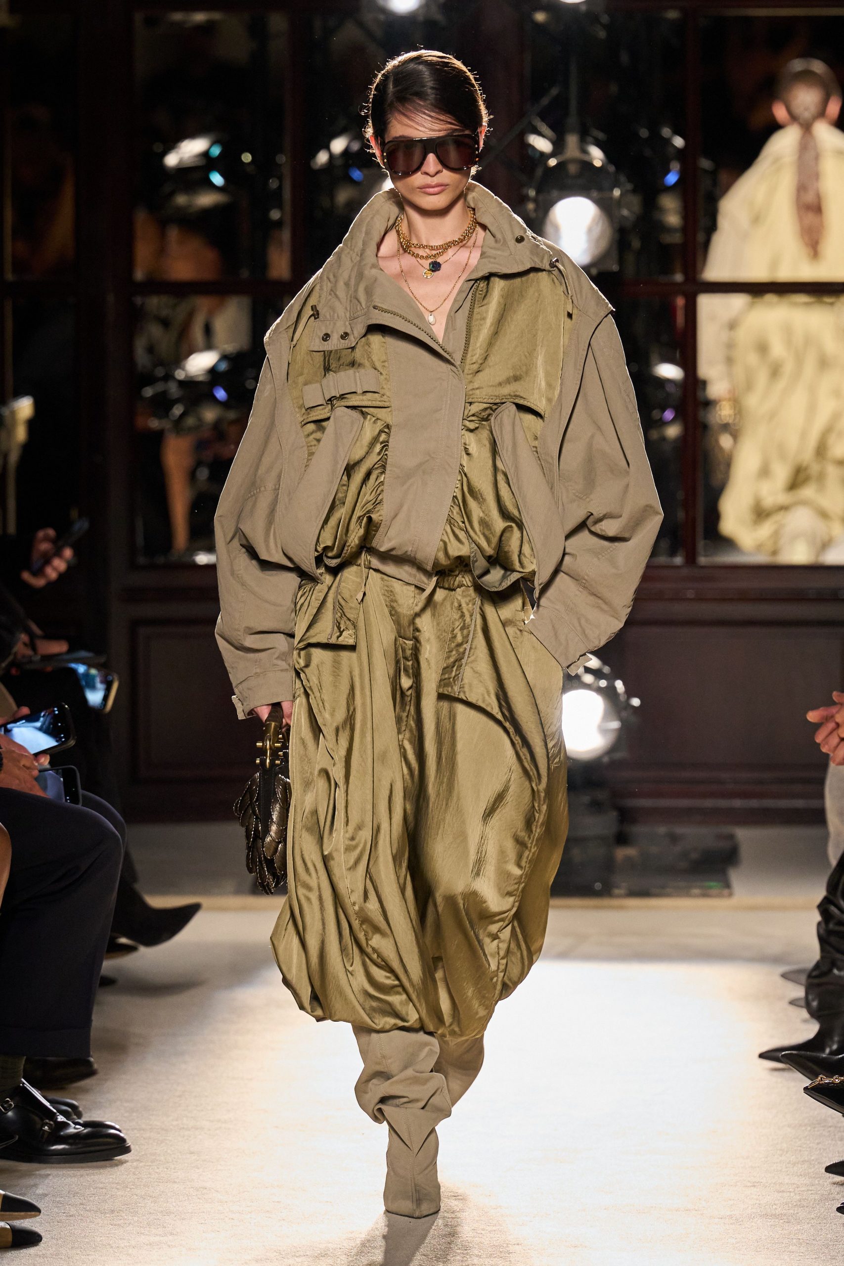 beige oversized jacket with olive pants