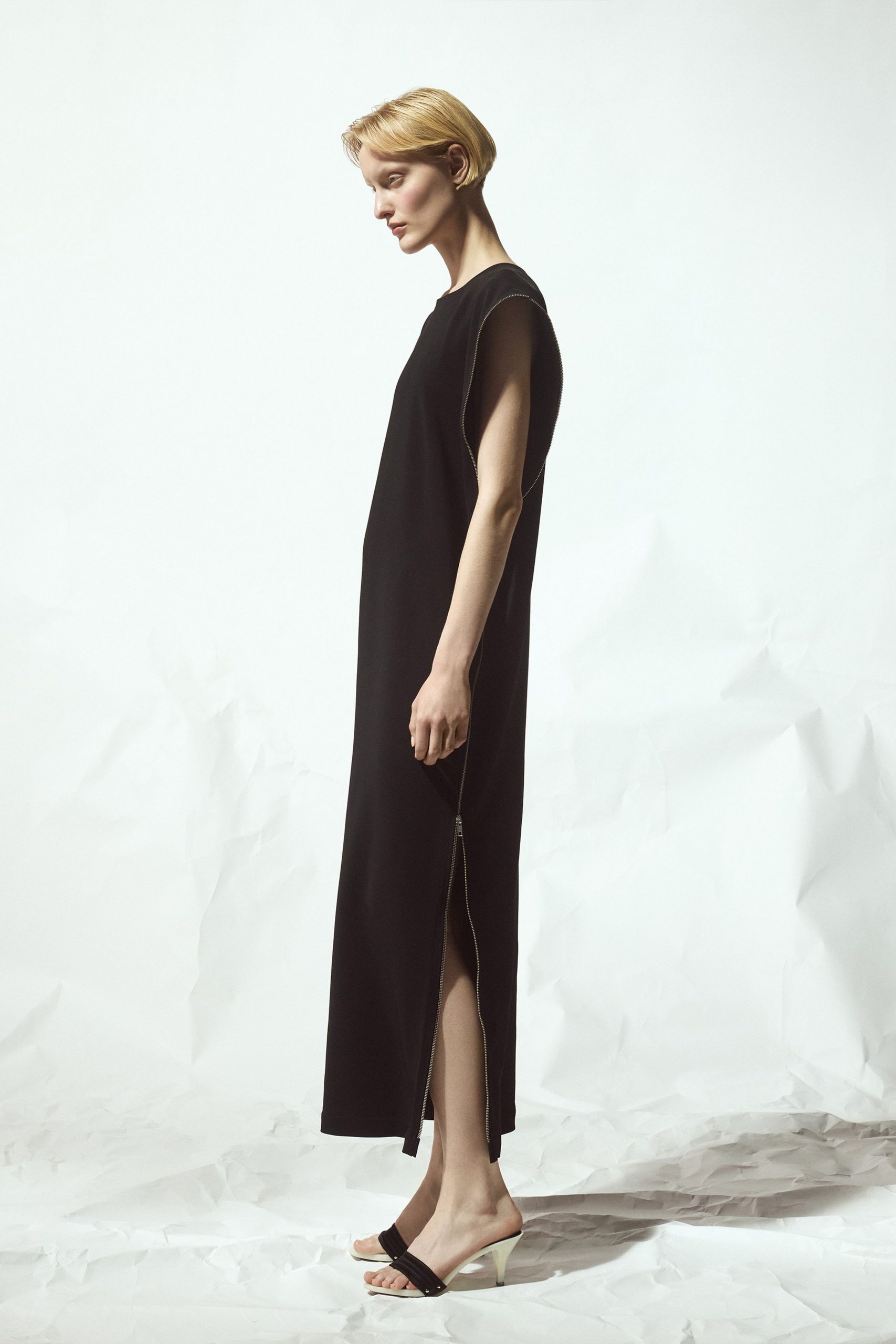 black cotton sleeveless high-neck relaxed straight-leg maxi dress