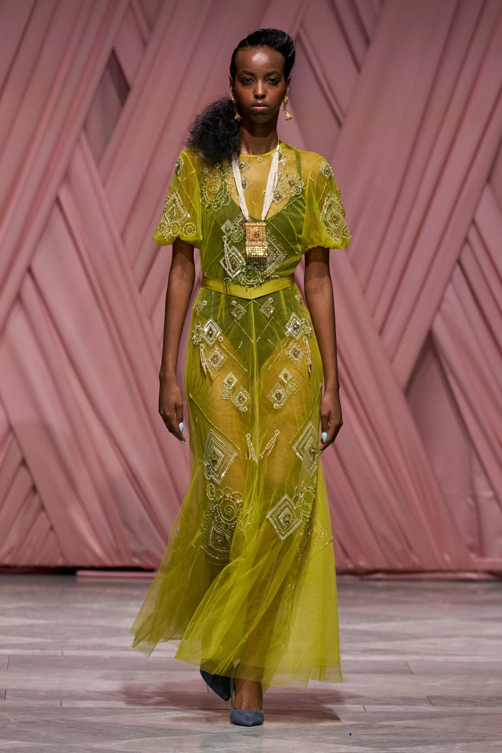 yellow chiffon short-sleeve v-neck fitted embroidered gown