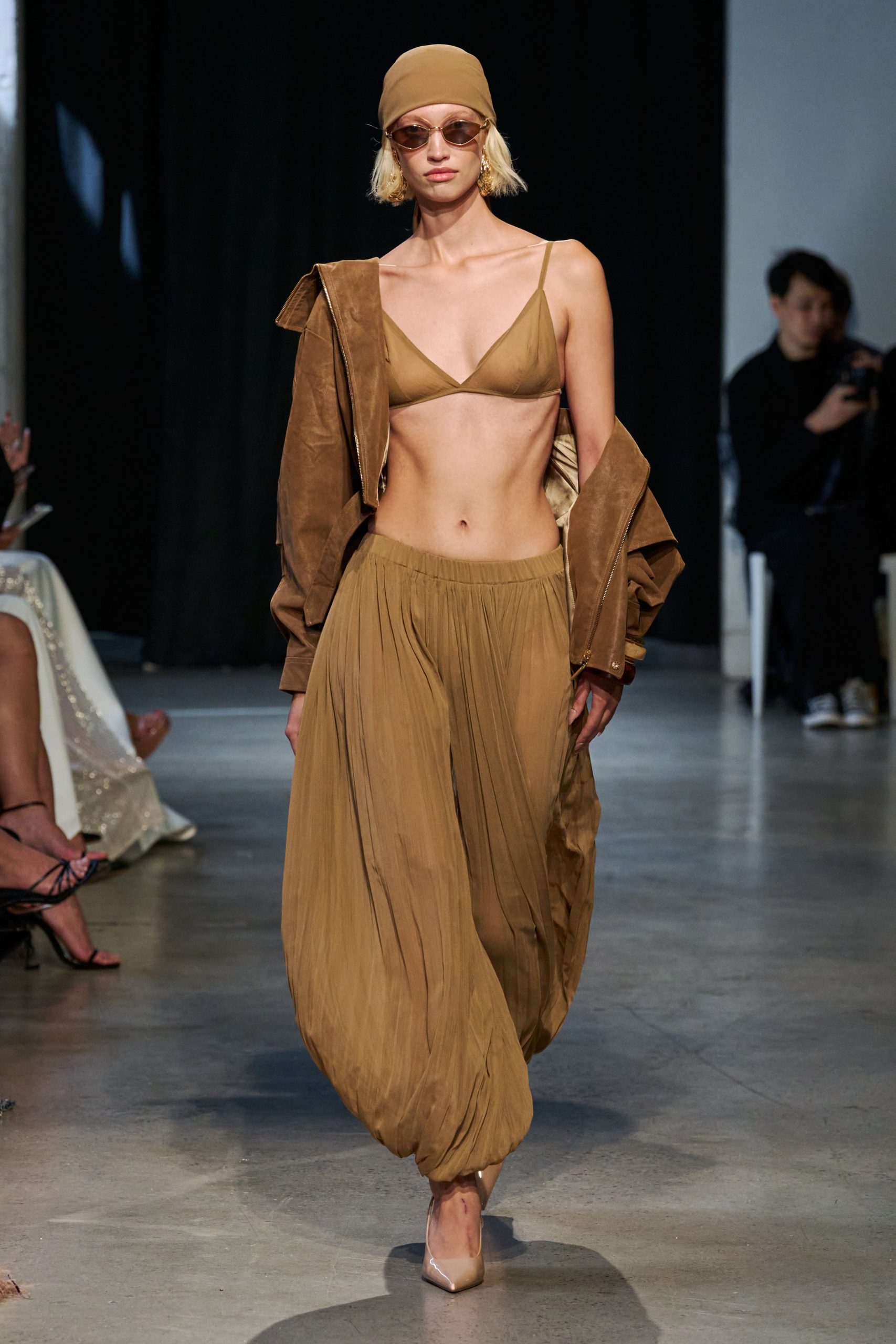 brown chiffon relaxed pleated flowing pants