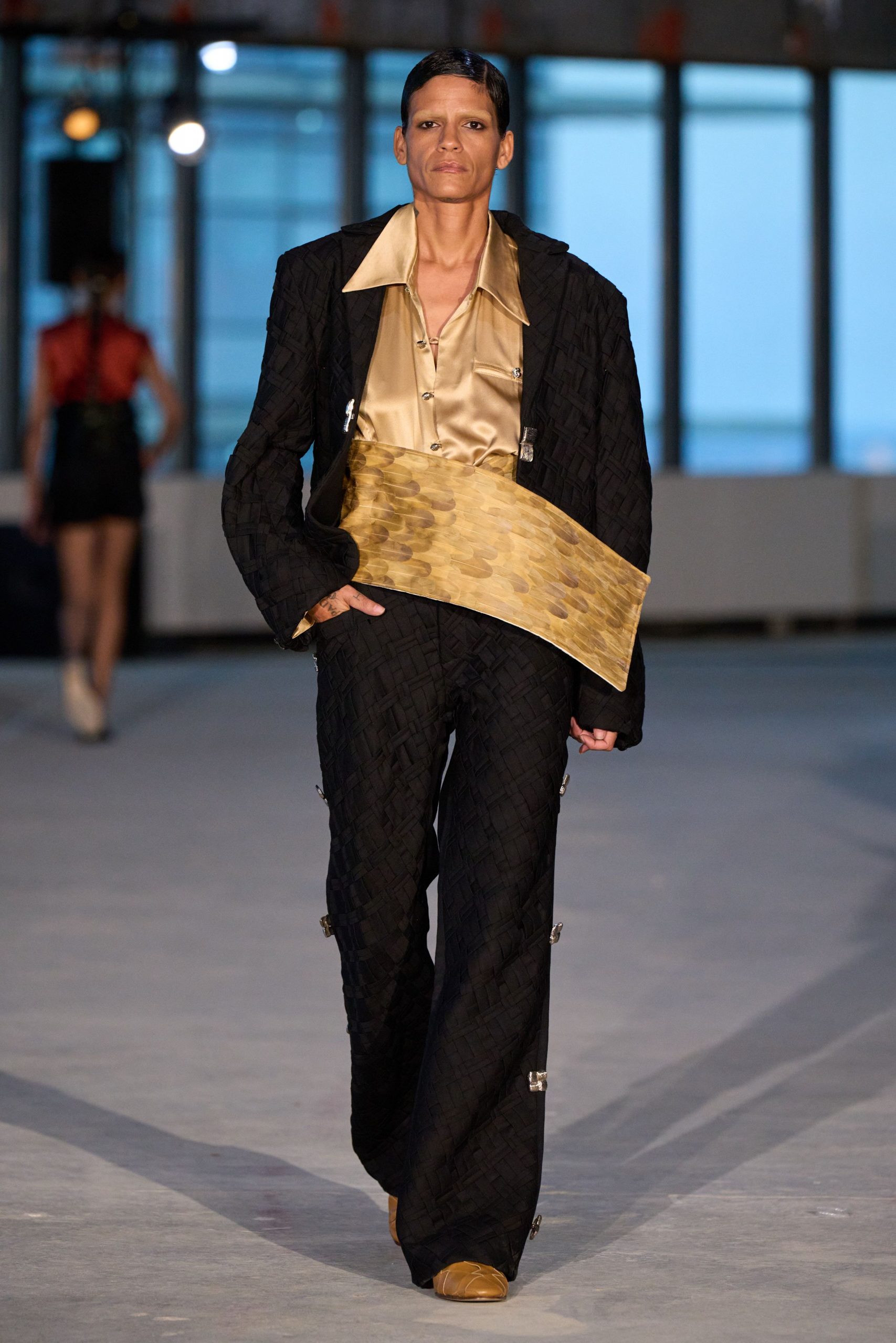 black quilted blazer with gold shirt