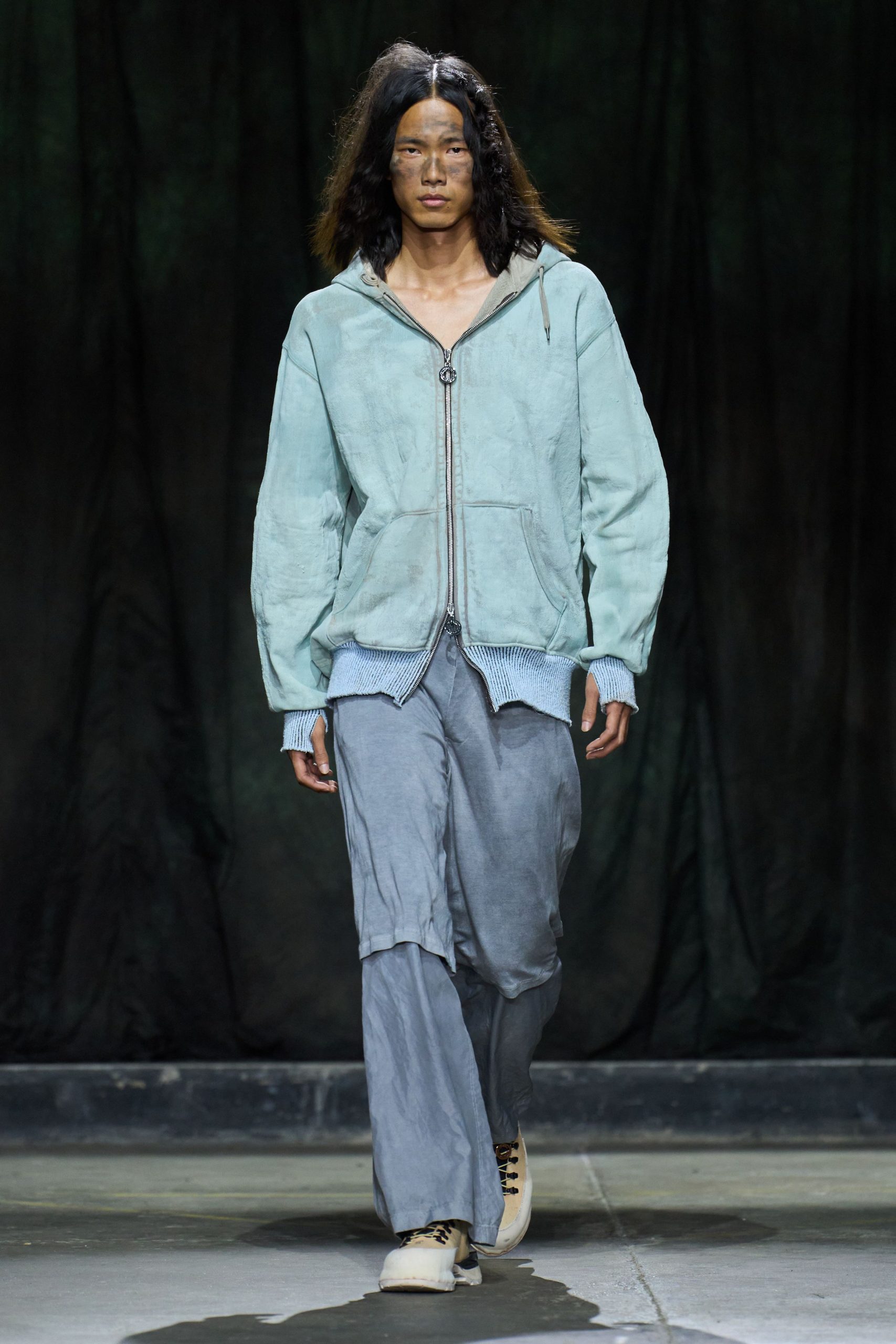 blue relaxed hoodie with gray pants
