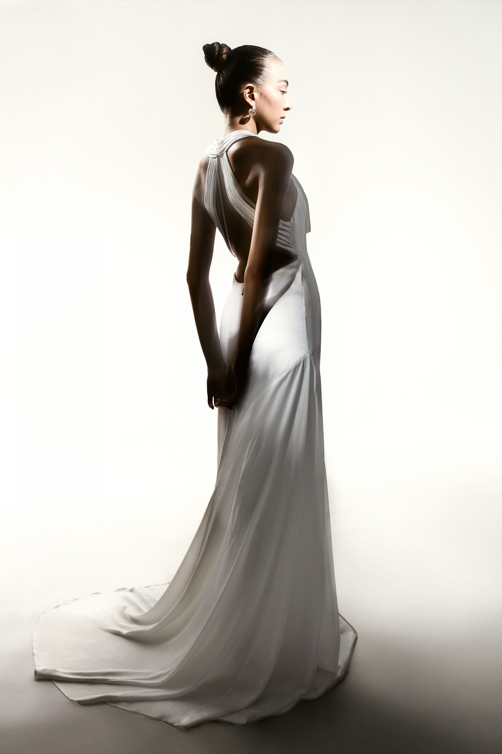 white silk sleeveless gown