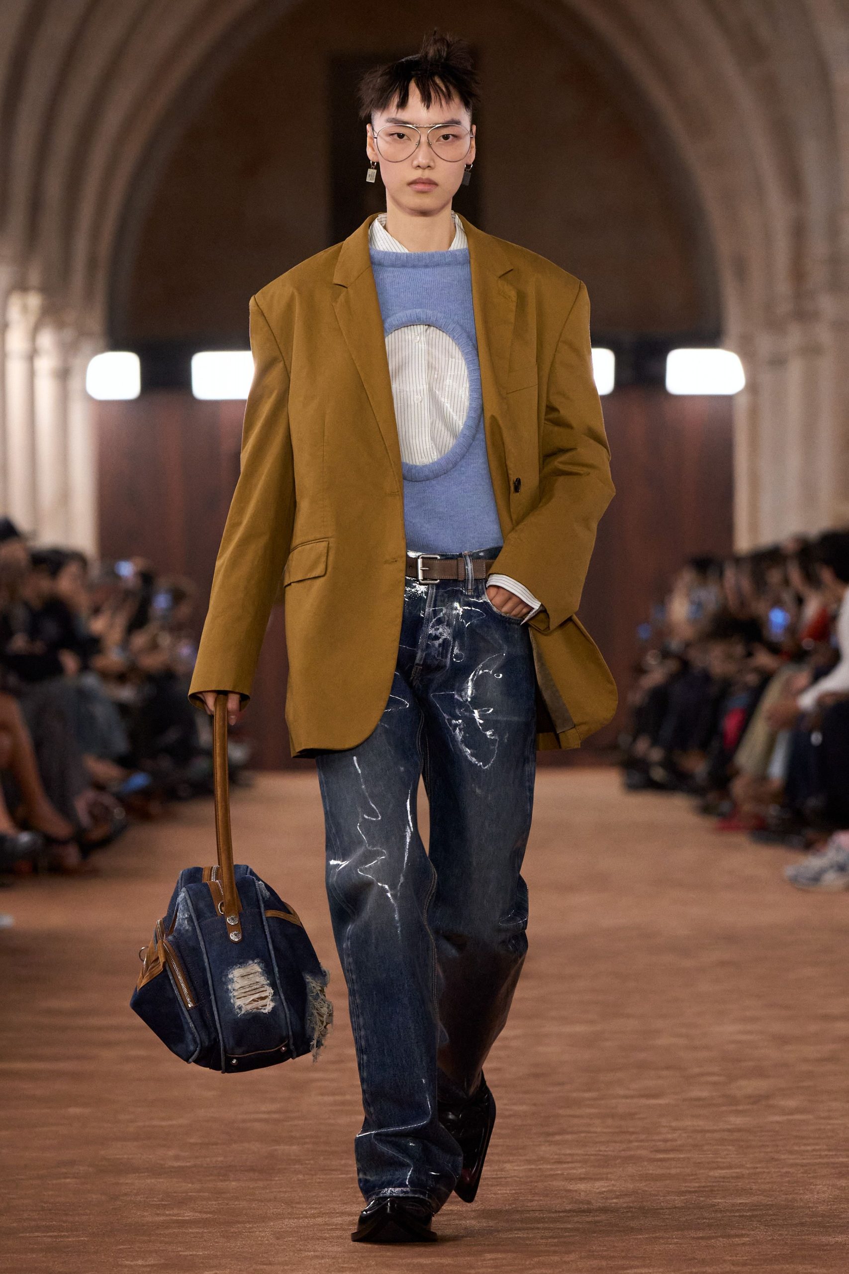 brown blazer blue sweater jeans
