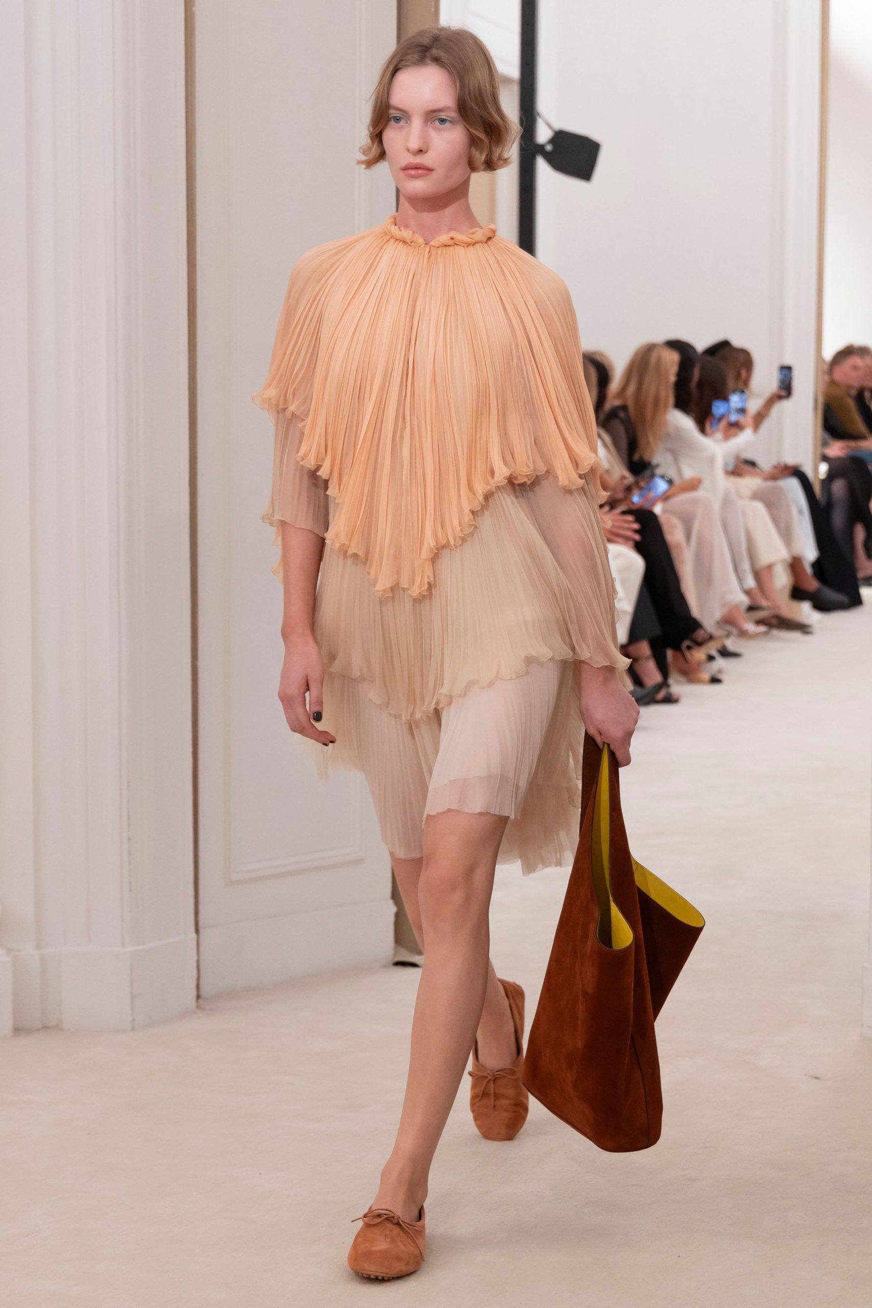coral silk sleeveless high-neck relaxed pleated layered dress