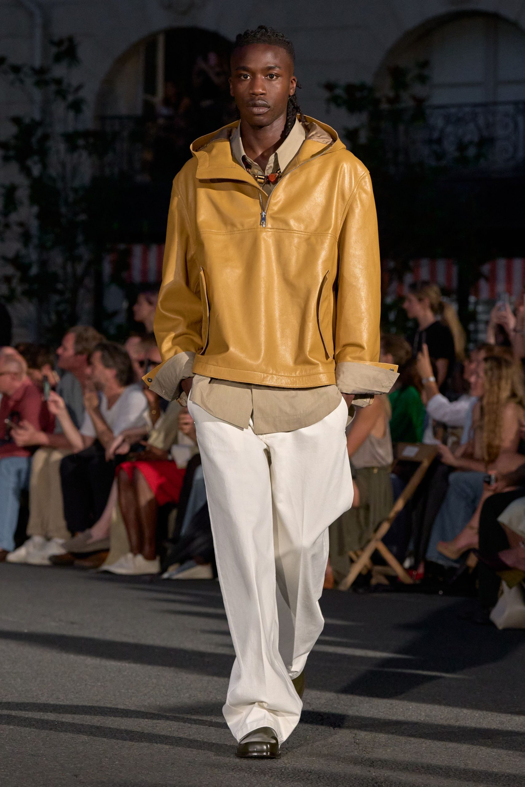 yellow leather long-sleeve hooded relaxed jacket