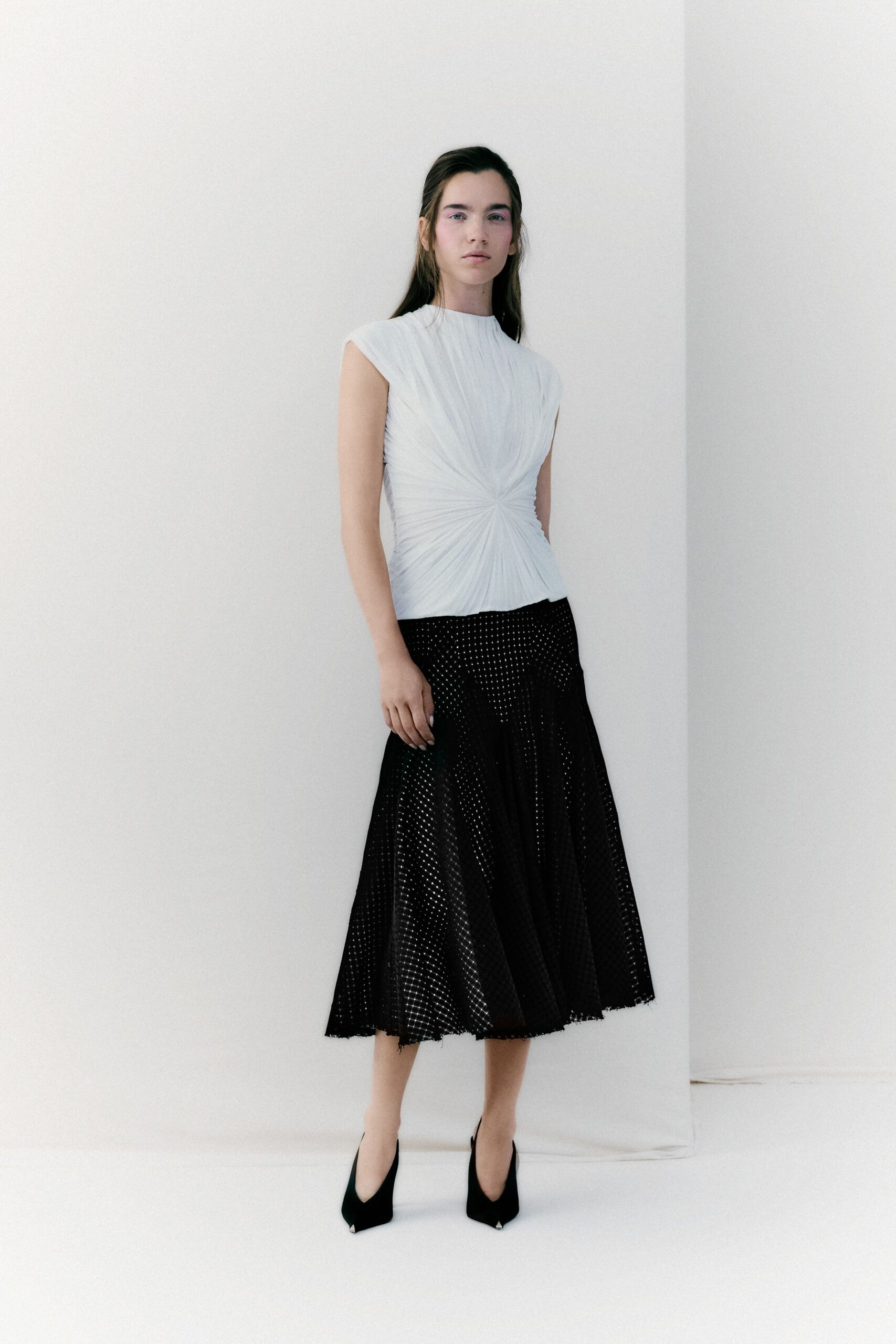 black silk fitted flared midi skirt