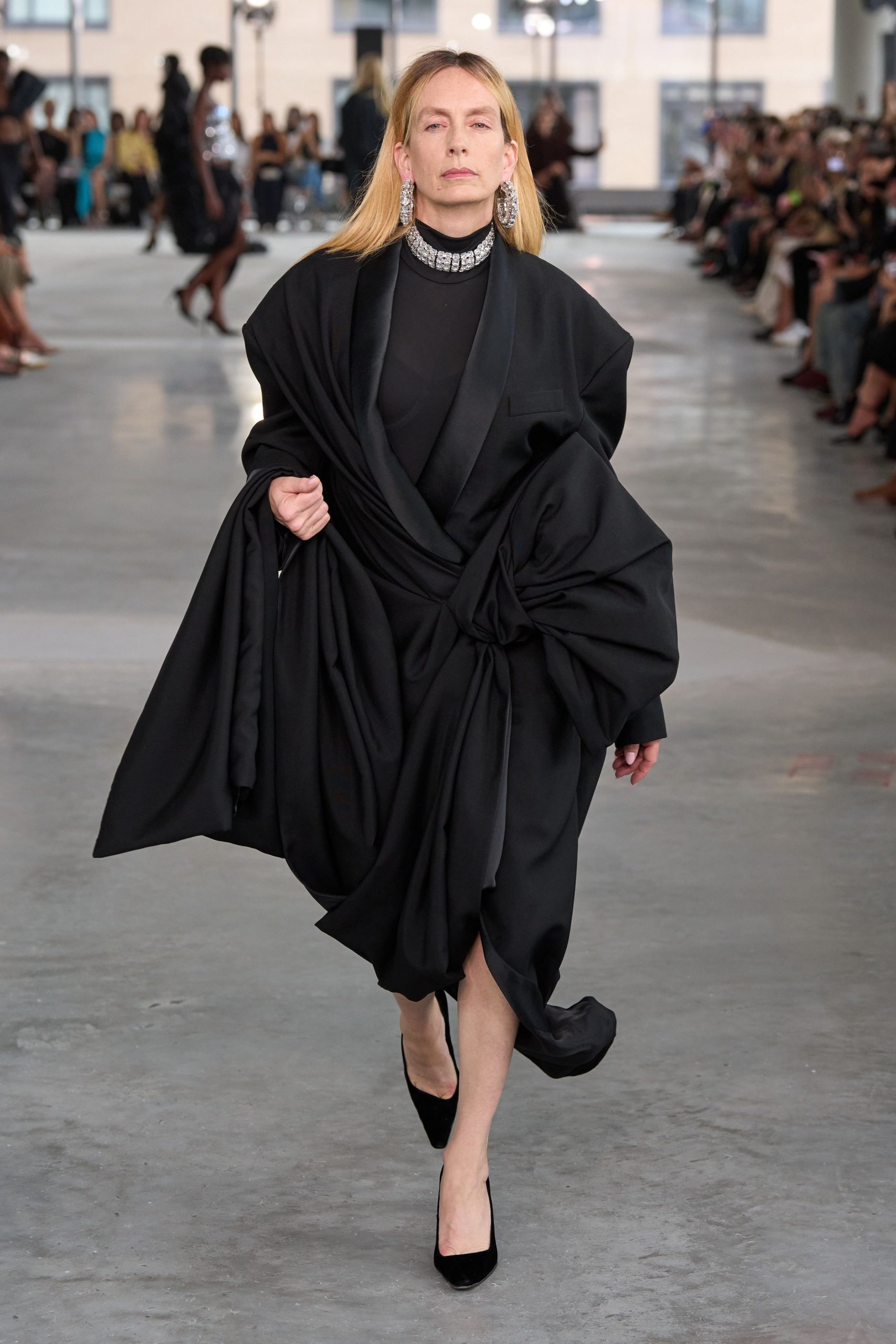 black draped midi dress with heels